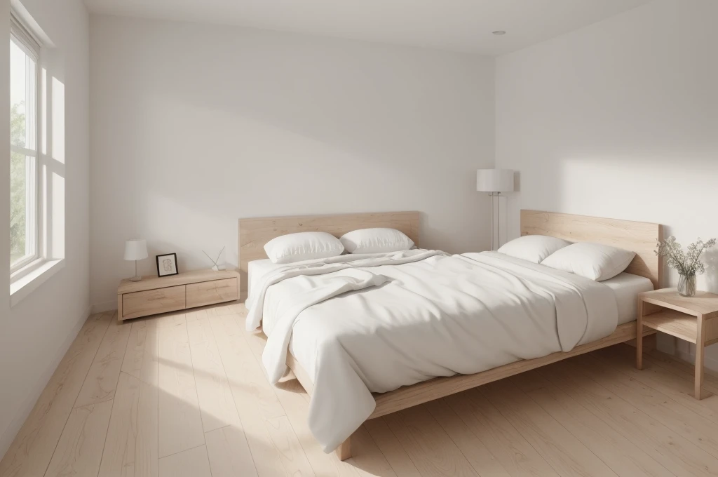 there is a bed with a wooden headboard and foot board in a room, bedroom background, all white render, bedroom interior, fotografia, natural light in room, bright render, sterile minimalistic room, minimalist and clean, clean minimalist design, white bed, clean 3 d render, elegant minimalism, best on adobe stock, inside of a bedroom, clean render
