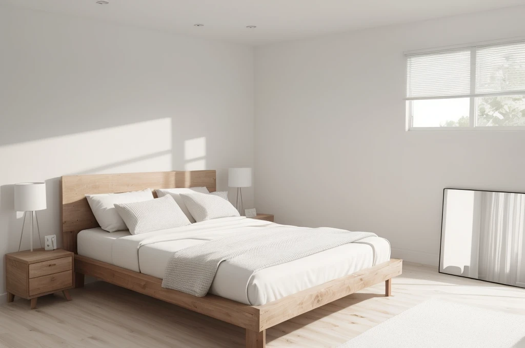 there is a bed with a wooden headboard and foot board in a room, bedroom background, all white render, bedroom interior, fotografia, natural light in room, bright render, sterile minimalistic room, minimalist and clean, clean minimalist design, white bed, clean 3 d render, elegant minimalism, best on adobe stock, inside of a bedroom, clean render