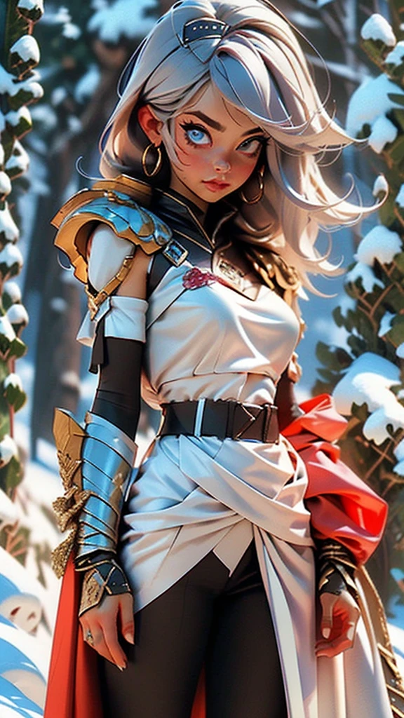 amazing quality, masterpiece, best quality, hyper detailed, ultra detailed, UHD, beautiful girl, perfect anatomy, perfect body, model, stylish pose, wearing full plate body fantastic red armor with red cape, holding crystal sword, snowy medieval road, (random color:1.4), long hair, various hairstyles, white hair, blue eyes, glowing eyes, extremely detailed, ((intricate detail)),(((realism))), HDR, 8k, absurdres, cinestill 800, sharp focus, add_detail:2, (solo, woman)
