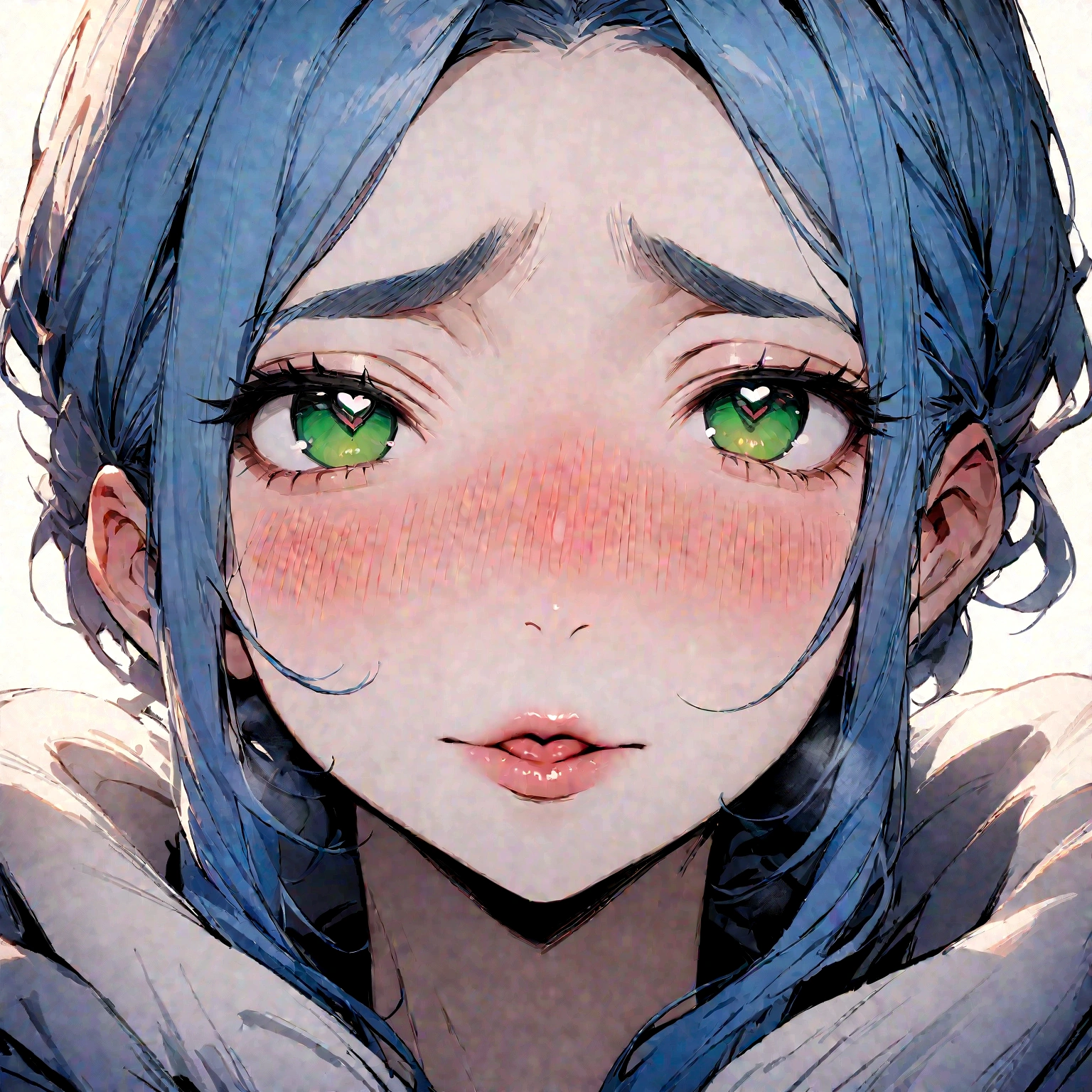 ((masterpiece:1.2, best quality)), (close-up:1.1), (head-shot), (from front, facing front:1.2), 1girl, solo, blue hair, green eyes, horny face, blush, lucious lips, love eyes, heart eyes