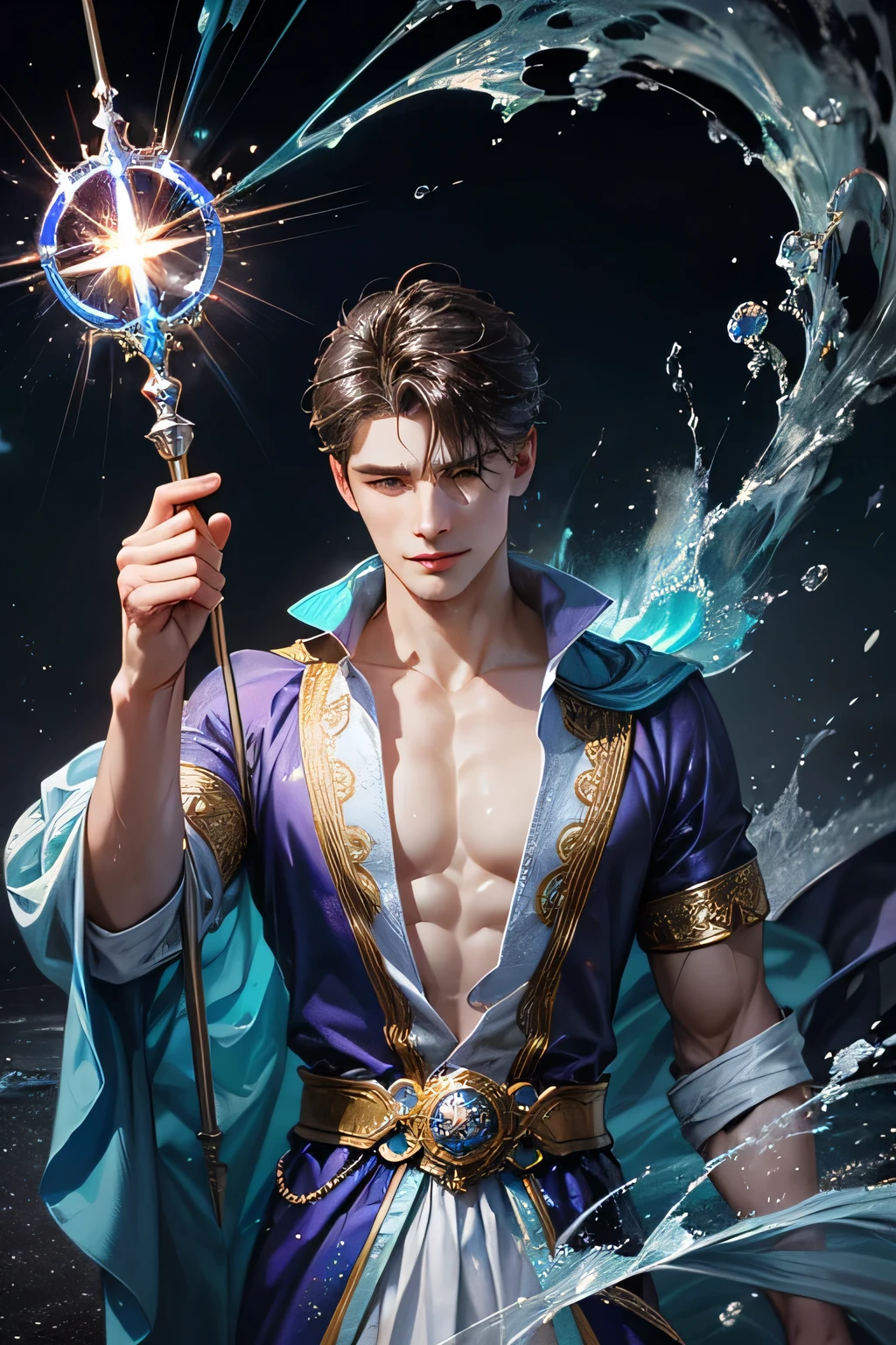 "Create an ultra-realistic image of a handsome, male fairy, around 43 years old. He should be holding a magical staff that emanates the energy of the water. Dress him in an elegant, varied violet outfit that reflects the brilliance and dynamism of the water. Surround him with elements like swirling clouds and flashes of lightning to showcase his connection to these elements. Include a distinct water symbol or design on his body, signifying his role as the keeper of the deep water, and highlighting the powerful celestial energy he embodies within him."