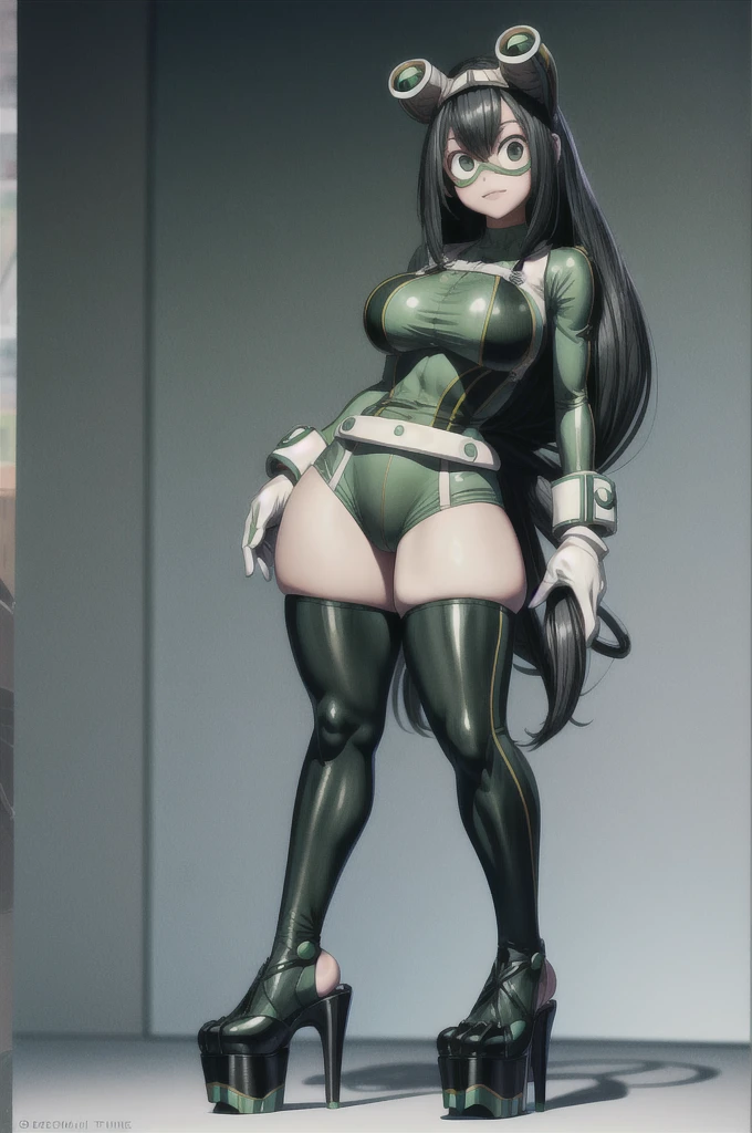 (masterpiece, best quality;1.3), extremely detailed ,ultra detailed, 1girl, solo, looking at viewer,detailed skin, crawling, full body, standing, asui tsuyu, low-tied long hair, :p,white gloves, green bodysuit, hair rings,goggles, city, extra large breasts, visible feet, tall open-toe platform high heels, thick thighs