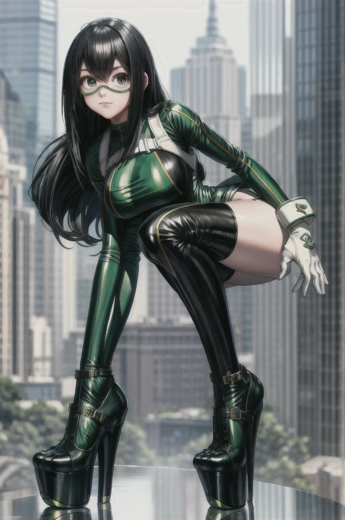 (masterpiece, best quality;1.3), extremely detailed ,ultra detailed, 1girl, solo,  looking at viewer,detailed skin,  crawling, full body, standing, asui tsuyu, low-tied long hair, :p,white gloves, green bodysuit, hair rings,goggles, city, extra large breasts, visible feet, tall open-toe platform high heels, thick thighs