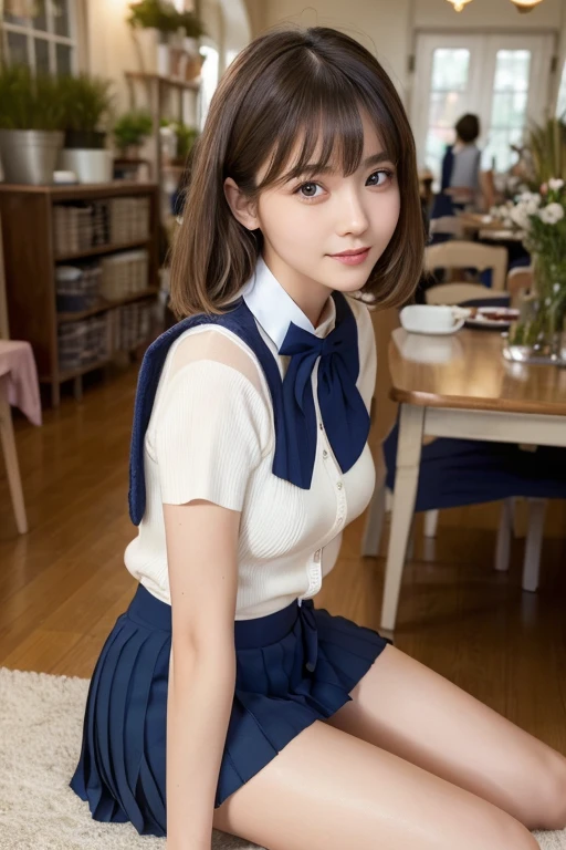 (masterpiece:1.2, Highest quality), (Realistic, photoRealistic:1.4), Beautiful illustrations, (Natural Side Lighting, Cinema Lighting), Written boundary depth, Looking at the audience, Front view, 1 Girl, English, high school girl, 20-year-old, Perfect Face, Symmetrical cute face, Shiny skin, Spread your legs, (Bob Hair:1.7,blonde), Asymmetrical bangs, Big eyes, Droopy eyes, long eyelashes chest), thin, Beautiful Hair, Beautiful Face, Beautiful and beautiful eyes, Beautiful clavicle, Beautiful body, Beautiful breasts, Beautiful thighs, Beautiful feet, Beautiful fingers, ((High quality fabric, brown knit vest, Short sleeve white collar shirt, Navy Pleated Skirt, Navy bow tie)), (Beautiful views), evening, (Inside the flower shop), Are standing, (smile, Excellent, Open your mouth), (((Skirt flip, No pants, Genitals are visible))), Full Body Shot, Dark blue socks, Sexy Face, Inverted nipples,