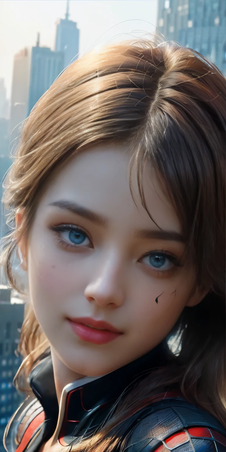 (1girl:1.3), Solo, (((Very detailed face)))), ((Very detailed eyes and face)))), Beautiful detail eyes, Body parts__, Official art, Unified 8k wallpaper, Super detailed, beautiful and beautiful, beautiful, masterpiece, best quality, original, masterpiece, super fine photo, best quality, super high resolution, realistic realism, sunlight, full body portrait, amazing beauty, dynamic pose, delicate face, vibrant eyes, (from the front), She wears Spider-Man suit, red and black color scheme, spider, very detailed city roof background, rooftop, overlooking the city, detailed face, detailed complex busy background, messy, gorgeous, milky white, highly detailed skin, realistic skin details, visible pores, clear focus, volumetric fog, 8k uhd, DSLR, high quality, film grain, fair skin, photo realism, lomography, futuristic dystopian megalopolis, translucent
