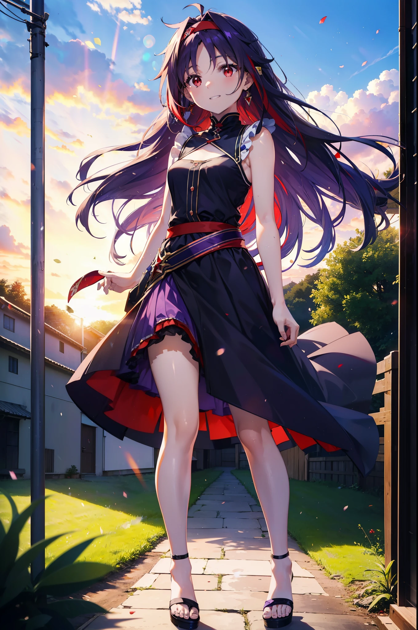 yuukikonno, Konno Yuuki, hair band, Long Hair, Pointed Ears, Purple Hair, (Red eyes:1.5), (Small breasts:1.2),smile,Grin,Purple sleeveless dress、Cute Sandals,Put your right hand on your hip,Are standing,Daytime,whole bodyがイラストに入るように, break looking at viewer, whole body, break outdoors,countryside, Residential Street,In town, break (masterpiece:1.2), Highest quality, High resolution, unity 8k wallpaper, (figure:0.8), (Detailed and beautiful eyes:1.6), Highly detailed face, Perfect lighting, Extremely detailed CG, (Perfect hands, Perfect Anatomy),チックなmorning日,morning,Extreme light,