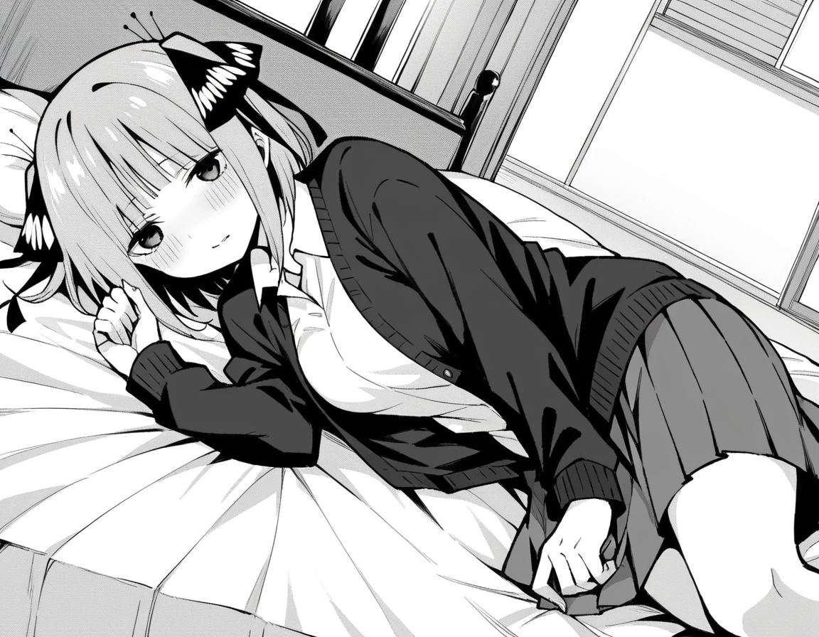 score_9, score_8_up, score_7_up, source_anime,
ninonakano, nsfw
nino nakano, short hair, bangs, hair ornament, hair ribbon, blunt bangs, two side up, butterfly hair ornament, monochrome, greyscale,
skirt, shirt, long sleeves, white shirt, pleated skirt, open clothes, collared shirt, sleeves past wrists, dress shirt, cardigan, open cardigan, black cardigan,
indoors, bed, bed room, on side, blush, drunk,
looking at viewer, cowboy shot, dutch angle, solo, mature female,