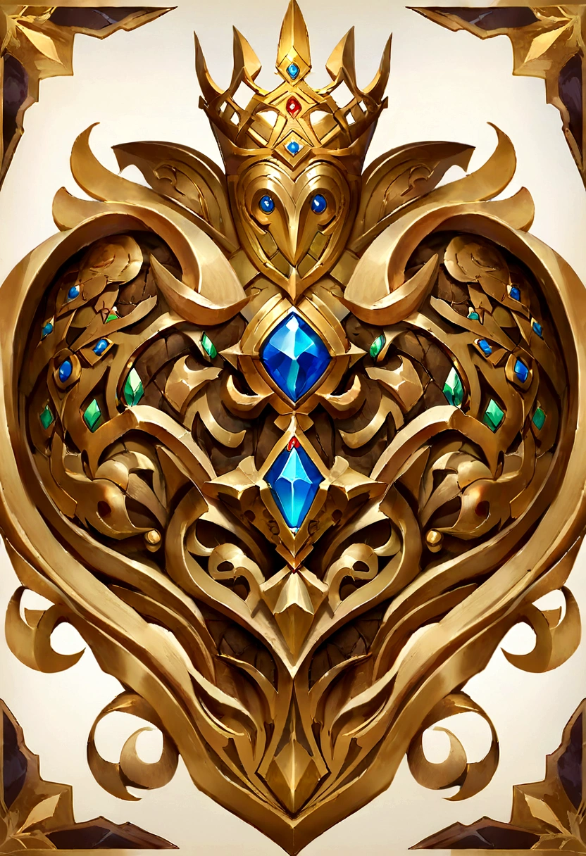 Gemstone design，Jewelry Design，Jewelry Design，Commemorative medal with a metal sheep&#39;s head close-up，Headgear crown，hearthstone art style, hearthstone style art, Hearthstone concept art, Riot game concept art, League of Legends style, Iconic Character Splash Art, League of Legends Crown，Game Badges，Surrounding metal feathers，Red Gold，C4D Rendering，Less detail，Less details，There is a huge metal sheep&#39;s head in the middle，Gemstones