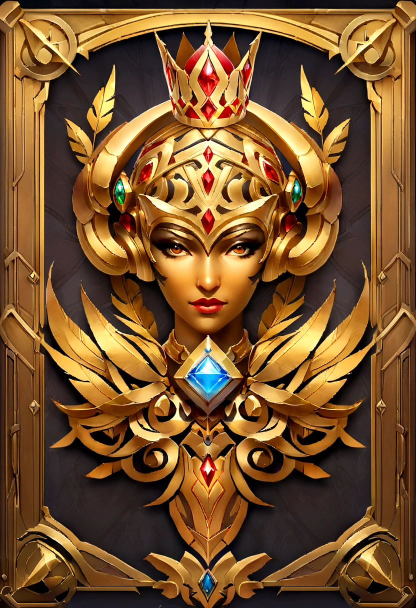 Gemstone design,Jewelry Design,Jewelry Design,Commemorative medal with a metal sheep's head close-up,Headgear crown,hearthstone art style, hearthstone style art, Hearthstone concept art, Riot game concept art, League of Legends style, Iconic Character Splash Art, League of Legends Crown,Game Badges,Surrounding metal feathers,Red Gold,C4D Rendering,Less detail,Less details,There is a huge metal sheep's head in the middle,Gemstones