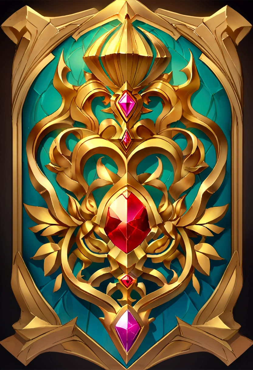 Gemstone design，Jewelry Design，Jewelry Design，Commemorative medal with a metal sheep&#39;s head close-up，Headgear crown，hearthstone art style, hearthstone style art, Hearthstone concept art, Riot game concept art, League of Legends style, Iconic Character Splash Art, League of Legends Crown，Game Badges，Surrounding metal feathers，Red Gold，C4D Rendering，Less detail，Less details，There is a huge metal sheep&#39;s head in the middle，Gemstones