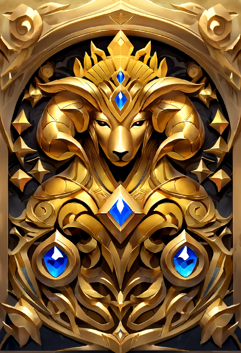 Gemstone design，Jewelry Design，Jewelry Design，Commemorative medal with a metal sheep&#39;s head close-up，Headgear crown，hearthstone art style, hearthstone style art, Hearthstone concept art, Riot game concept art, League of Legends style, Iconic Character Splash Art, League of Legends Crown，Game Badges，Surrounding metal feathers，Red Gold，C4D Rendering，Less detail，Less details，There is a huge metal sheep&#39;s head in the middle，Gemstones