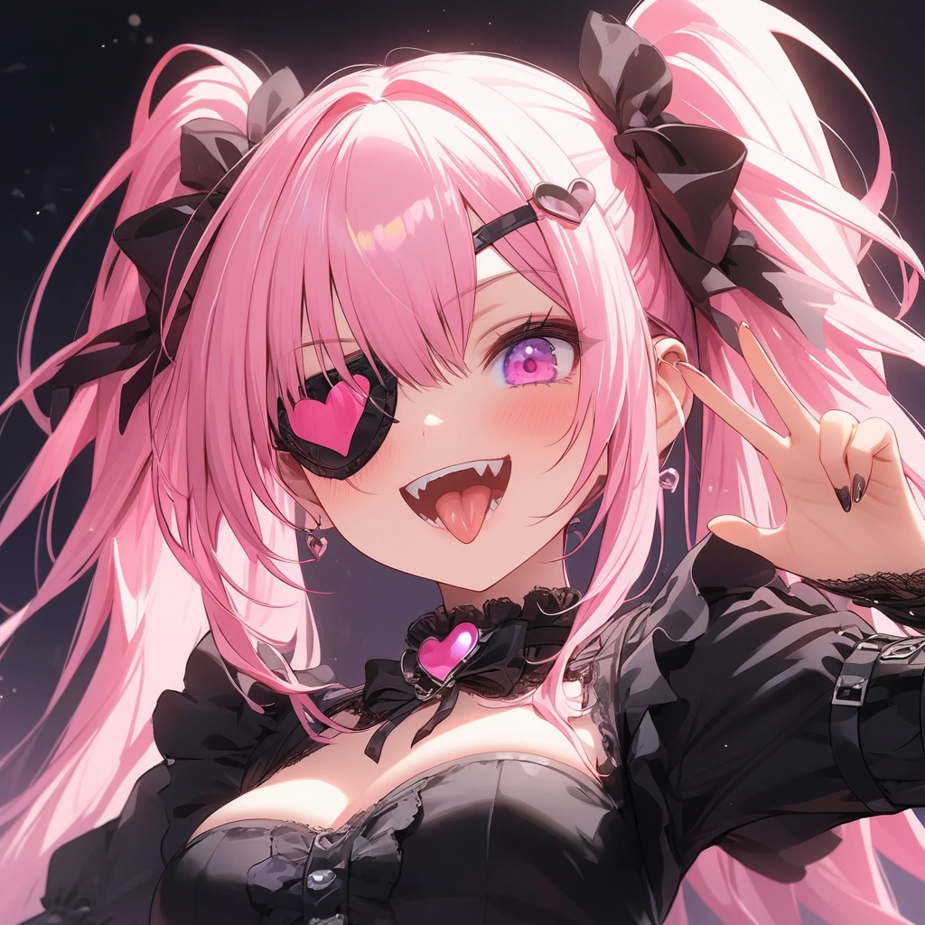 female\((cute,eye patch\(very cute, gothic fashion,heart mark\):1.3),age of 12,(side view:0.3),skin\(white,pale,smooth,silky,shiny\),eyes\(beautiful,many star-shaped highlights\),wearing makeup\(pink\),(evil smile:1.3),open mouth,sharp teeth,long tongue,hair\(pink,twintails,floating,rolled,detailed,shiny\),hairclip\(heart\),costume\(pink (frilled) dress\),eye corners\(pink:1.3\),(narrow eyes),very cute pose,(breast:1.3),open cleavage, cute hand sign,many accessories\), BREAK ,background\(harajyuku\(tokyo,japan\),at night,cute,fancy,dark\), BREAK ,quality\(8k,wallpaper of extremely detailed CG unit, masterpiece,hight resolution,top-quality,top-quality real texture skin,hyper realisitic,increase the resolution,RAW photos,best qualtiy,highly detailed,the wallpaper,cinematic lighting,ray trace,golden ratio\),(dynamic angle),(close up of face:1.8),looking down at viewer,from below,better hands