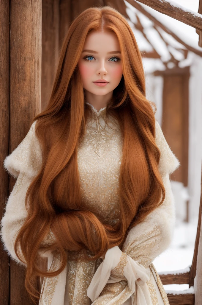 A gorgeous, pretty, shiny, kind-hearted, warm-hearted, sweet, polite, sensitive, friendly, charming, graceful, stylish, classy, alluring, majestic, ethereal, angelical ginger long haired russian woman dressed in traditional folk winter costumes.