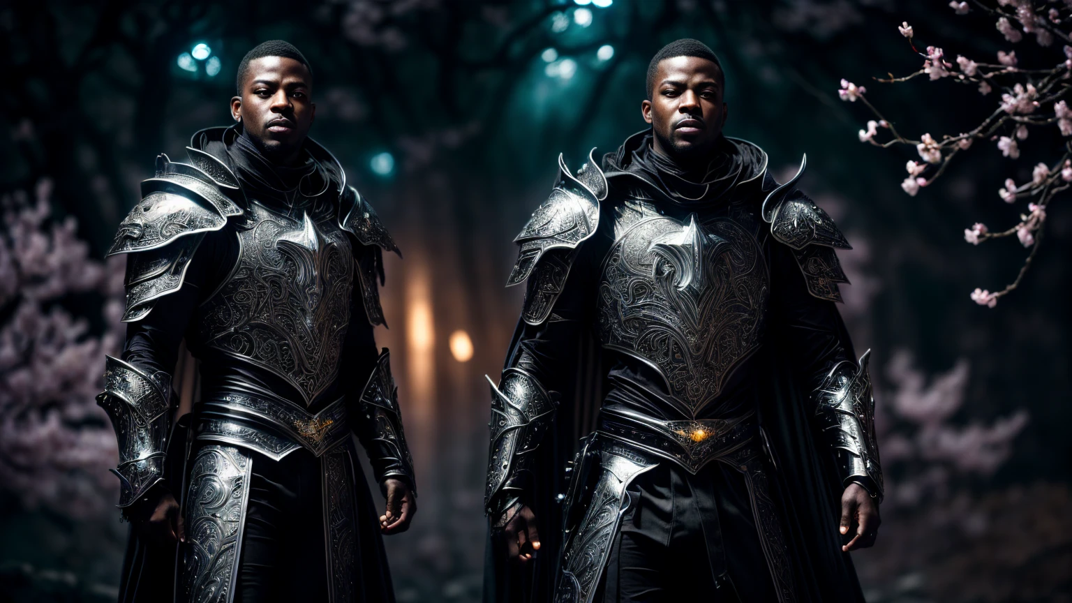 full body black Male paladin wearing a black leather armor under a shiny black intricate elaborated plate chest armor with silver lightnings accents, long black cape with silver lightnings ornaments, holding a great silver sword, highly dramatic picture, dynamic pose, (((cinematic lighting))), ((clear details)), (1 man), Masterpiece, Of the highest quality, Colorful cinematic lighting, portrait photography, dappled light, HDR, Very detailed, 8k, Hyper realistic, F1.4 opening, 8mm film grain, Cinestill 800, (hyper-realistic lifelike texture:1.4, realistic eyes:1.2), (octane render, unreal engine 5), ( of light and shadow:1.5, deep shadow:1.5), (falling pink petals), (((delicate cherry blossoms in the background)))