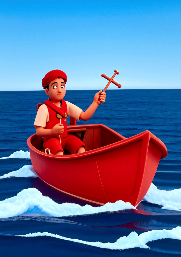 a person sitting in the boat in the middle of the sea and red falg in his hANDS