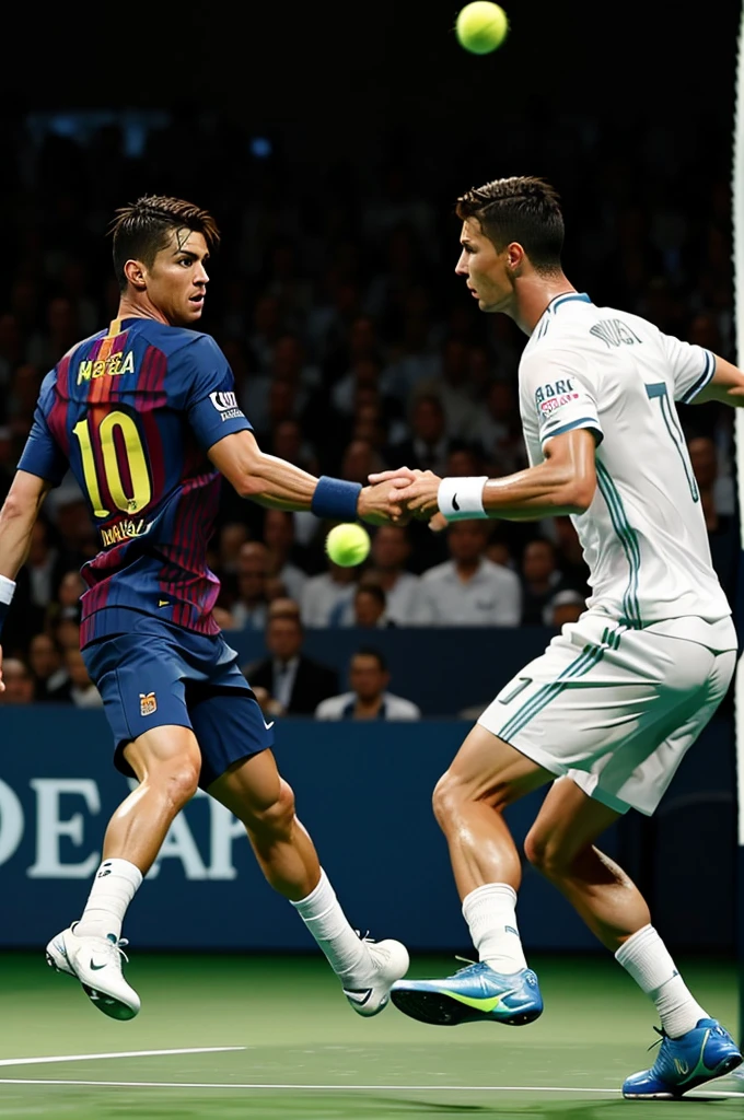 Cristiano Ronaldo plays tennis versus Lionel Messi. I hope the photo is professional