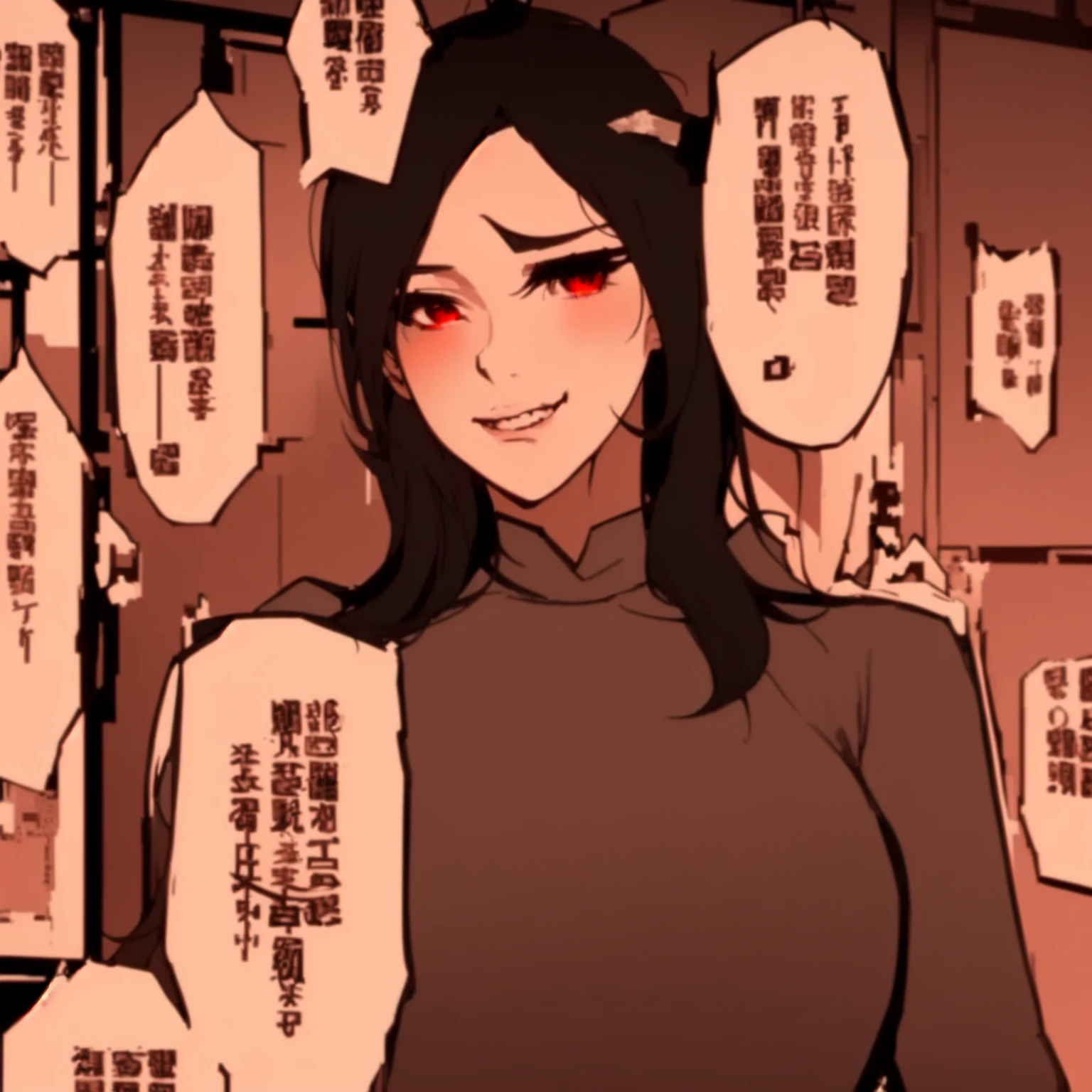 anime girl with black hair and red eyes in front of a wall of Asian characters, by Shingei, artwork in the style of guweiz, Guweiz, hinata hyuuga, inspired by Li Shida, ( ( ( yoshinari yoh ) ) ), in anime style