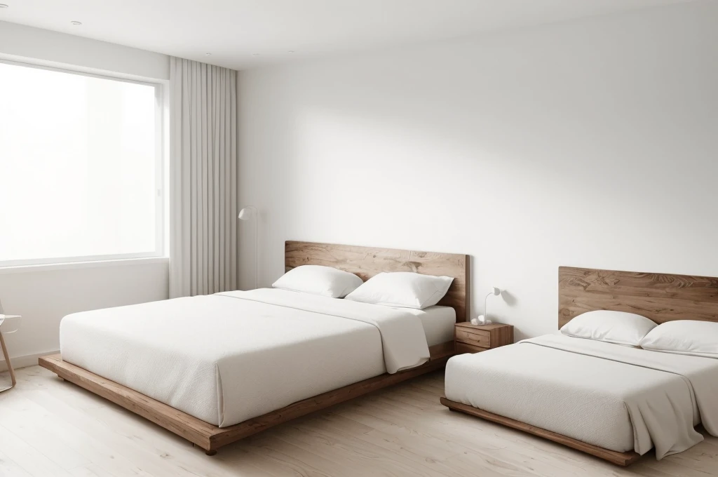 there is a bed with a wooden headboard and foot board in a room, bedroom background, all white render, bedroom interior, fotografia, natural light in room, bright render, sterile minimalistic room, minimalist and clean, clean minimalist design, white bed, clean 3 d render, elegant minimalism, best on adobe stock, inside of a bedroom, clean render