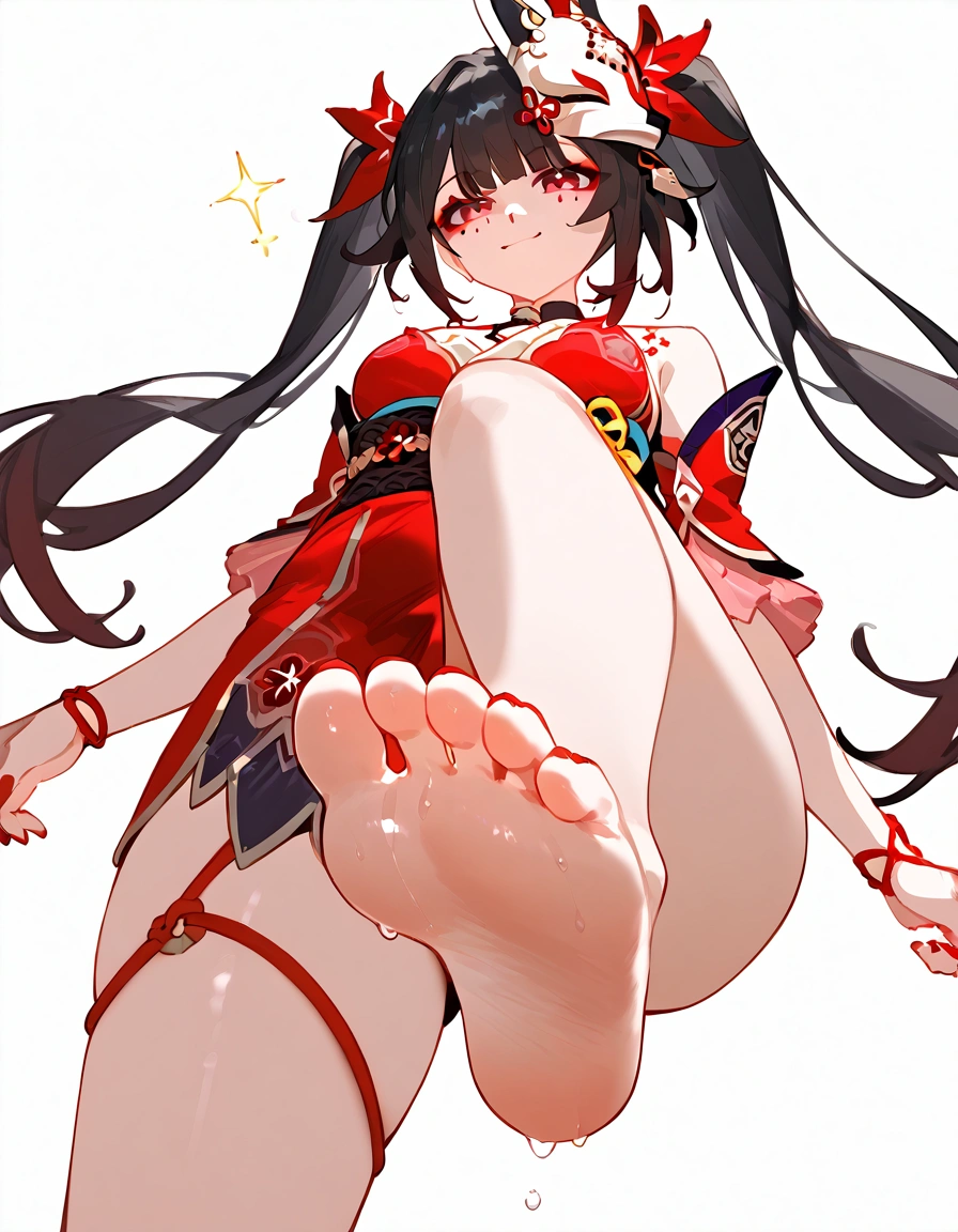 anime artwork, score_9, score_8_up, score_7_up, score_6_up, score_5_up, score_4_up,sparkle \(honkai: star rail\),1girl, twintails, black hair, medium , red eyes, red eyeshadow, fox mask ,
, , , , she is 24 years old, , ,horny, style_3, ,,, floox style, white background,, standing, , from below, deep skin, foot focus, foot on viewer, evil smile, naughty face,
presenting foot ,wet foots,