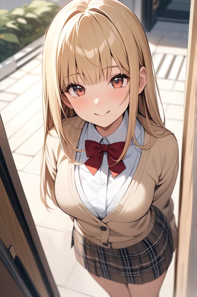 Beautiful sexy 1girl, blonde hair, (straight hair), bangs on one side, head tilt, (waist), light brown cardigan, plaid skirt, red bowtie, arms behind back, looking at viewer, happy smile, entrance, outdoor, from above, 20 yo, (depth of field), masterpiece, best quality, wearing bikini, cleavalage:1.1
