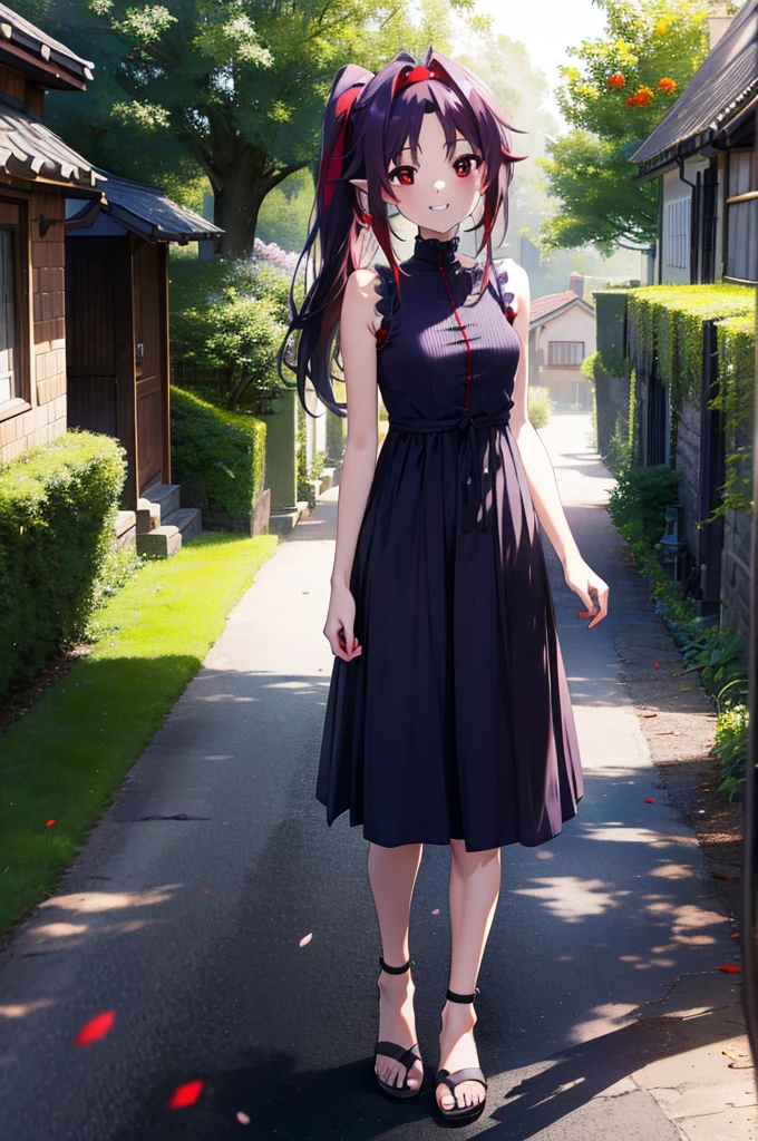 yuukikonno, Konno Yuuki, hair band, Long Hair, Pointed Ears, Purple Hair, (Red eyes:1.5), (Small breasts:1.2),Side Ponytail,smile,Grin,Purple sleeveless dress、Cute Sandals,Put your right hand on your hip,Are standing,Daytime,whole bodyがイラストに入るように, break looking at viewer, whole body, break outdoors,countryside, Residential Street,In town, break (masterpiece:1.2), Highest quality, High resolution, unity 8k wallpaper, (figure:0.8), (Detailed and beautiful eyes:1.6), Highly detailed face, Perfect lighting, Extremely detailed CG, (Perfect hands, Perfect Anatomy),チックなmorning日,morning,Extreme light,
