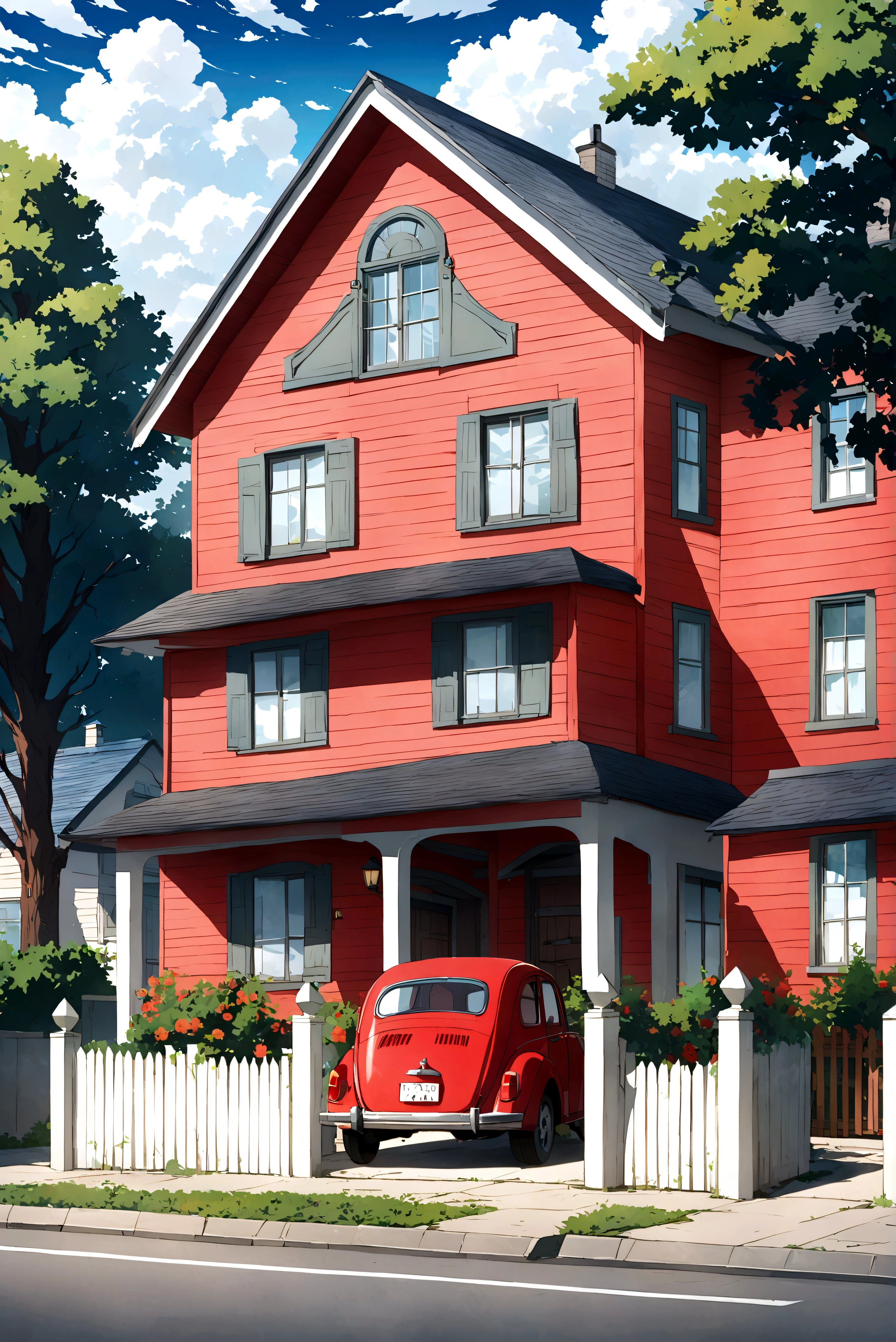 The image is an anime artwork of a residential neighborhood during a cloudy day, featuring a red car parked in front of a house with a white picket fence.