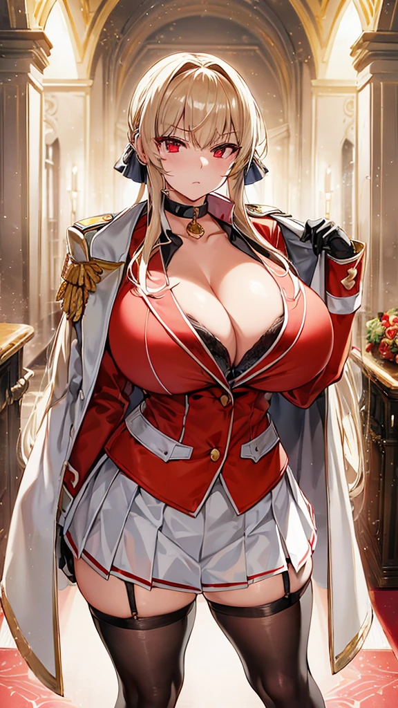mOn top of thatarch \(Azur Lane\), \(Azur Lane\), One Girl, blOn top of thatd hair, red eyes, Thick lips, masterpiece, Highest quality, High resolution, ((((())))), (Black bra), Bra Peek, View your audience, Glare, ((anger, Close your mouth)), expressiOn top of thatless, Cleavage, collar bOn top of thate,  military uniform, unbuttOn top of thated shirt, collared shirt, red_military_Jacket, Jacket_On top of that_shoulder, sleeve_past_wrist, Black gloves, Black Choker, White Skirt, Pleated skirt, Black knee socks, skinny, stop temporarily, Luxurious ballroom, Backlight, blonde
