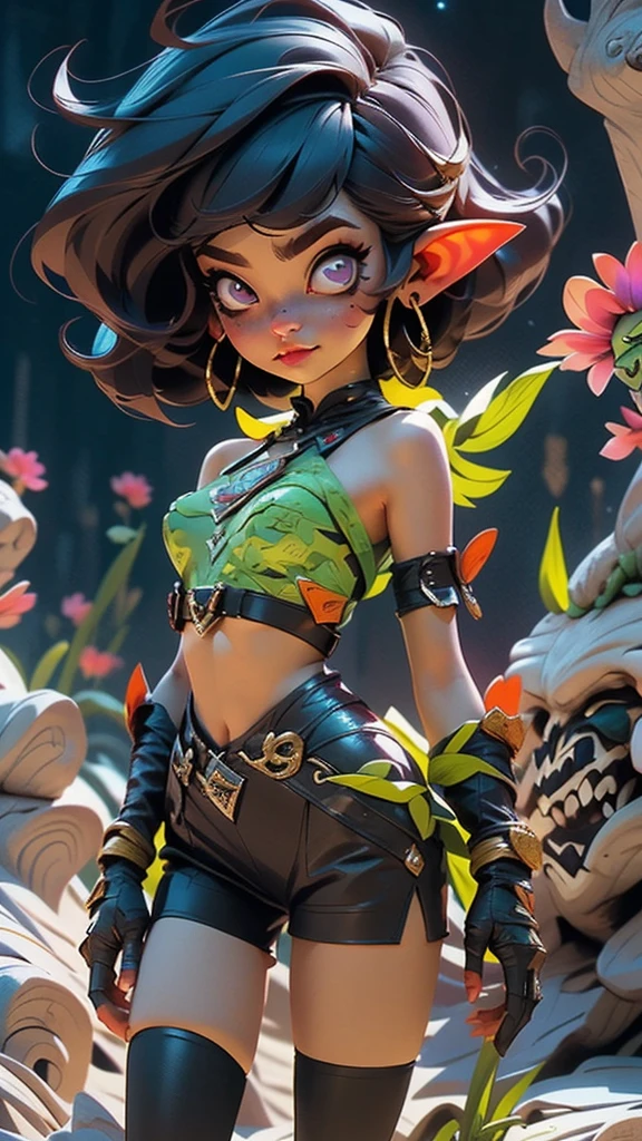 cel shading, outlines, vector art, ((goblin girl)), flat colors, cel shading, outlines, vector art, night time, night sky, short height, 1girl, solo, full body image, very short goblin mage, short stack, ((green skin)), two long ears, long black colored hair, long bangs, sword, dark purple eyes, purple tube top, midriff, purple shorts, gloves, dark purple boots ((intricate detail)),(((realism))), HDR, 8k, absurdres, cinestill 800, sharp focus, add_detail:2, (solo, woman)