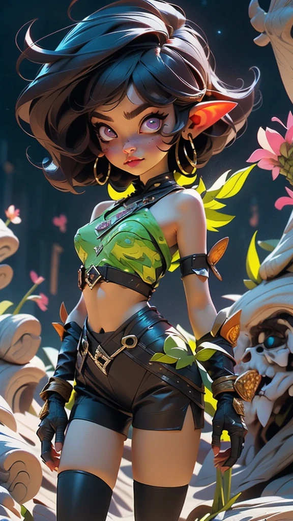 cel shading, outlines, vector art, ((goblin girl)), flat colors, cel shading, outlines, vector art, night time, night sky, short height, 1girl, solo, full body image, very short goblin mage, short stack, ((green skin)), two long ears, long black colored hair, long bangs, sword, dark purple eyes, purple tube top, midriff, purple shorts, gloves, dark purple boots ((intricate detail)),(((realism))), HDR, 8k, absurdres, cinestill 800, sharp focus, add_detail:2, (solo, woman)