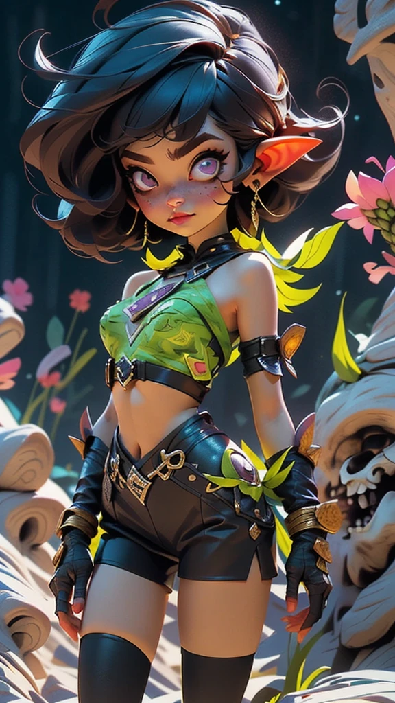 cel shading, outlines, vector art, ((goblin girl)), flat colors, cel shading, outlines, vector art, night time, night sky, short height, 1girl, solo, full body image, very short goblin mage, short stack, ((green skin)), two long ears, long black colored hair, long bangs, sword, dark purple eyes, purple tube top, midriff, purple shorts, gloves, dark purple boots ((intricate detail)),(((realism))), HDR, 8k, absurdres, cinestill 800, sharp focus, add_detail:2, (solo, woman)
