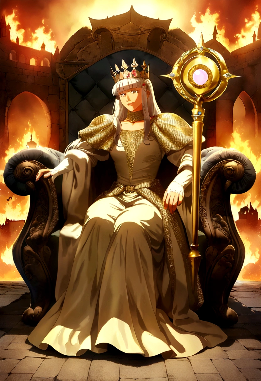 king man Anime artstyle, holding a gold staff, wearing a glamour, arrogant, full body, sit in king sofa, kingdom, rich, medieval, celestia, anime, pixiv, HD quality, extremely detailed, highest quality digital art