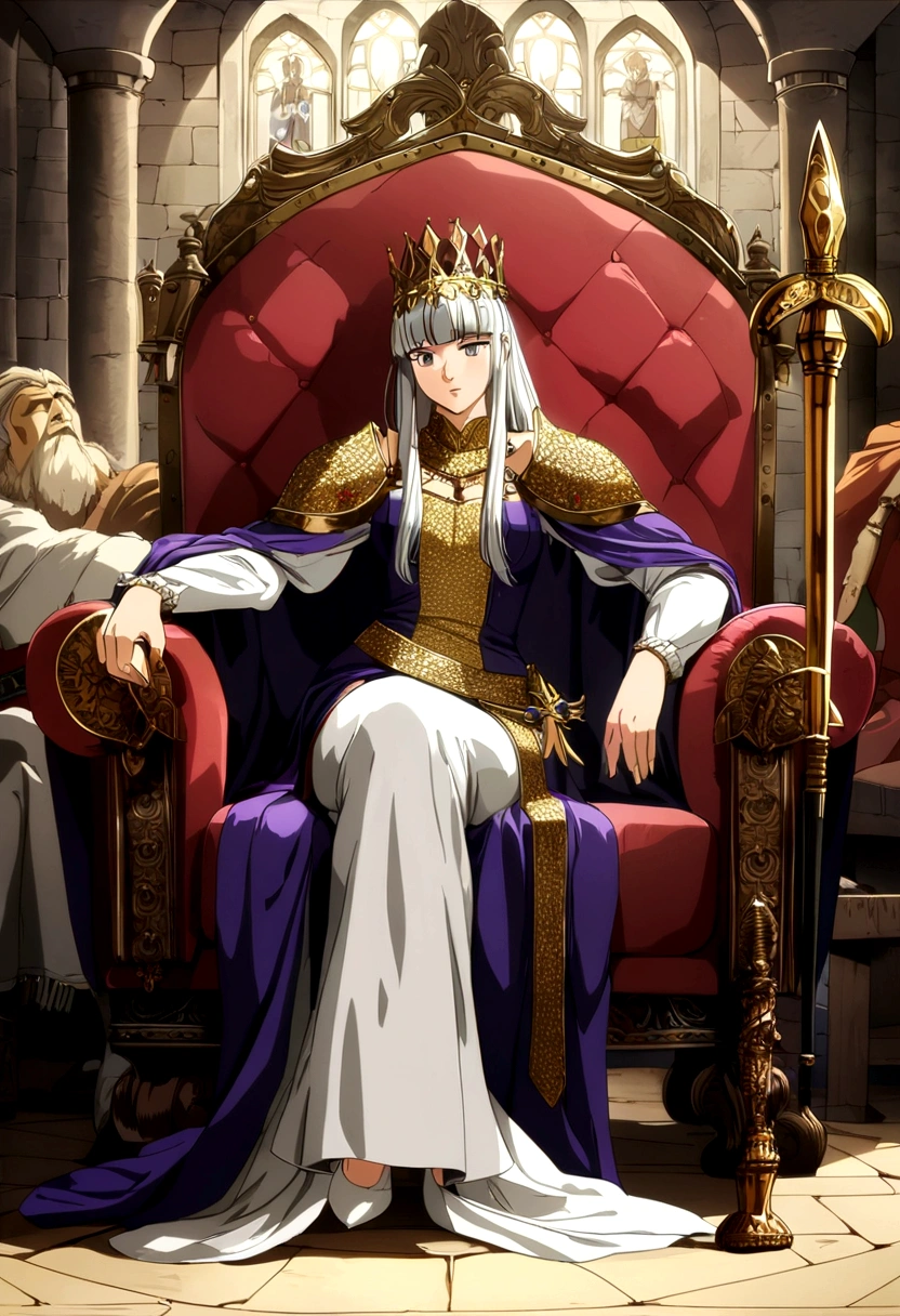 king man Anime artstyle, holding a gold staff, wearing a glamour, arrogant, full body, sit in king sofa, kingdom, rich, medieval, celestia, anime, pixiv, HD quality, extremely detailed, highest quality digital art