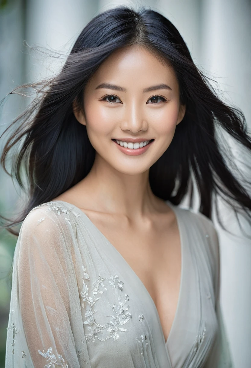 Medium format HD photo, (Stunning gorgeous Asian female:1.3), Symmetrical composition, Striking features, Luminous skin, (Flowing black hair:1.2), Radiant smile, Captivating gaze, Elegant posture, (Soft natural light:1.3), Captured with a Phase One XF IQ3 100MP, 80mm f/2.8 lens, Clear details, Ethereal beauty, Timeless allure.