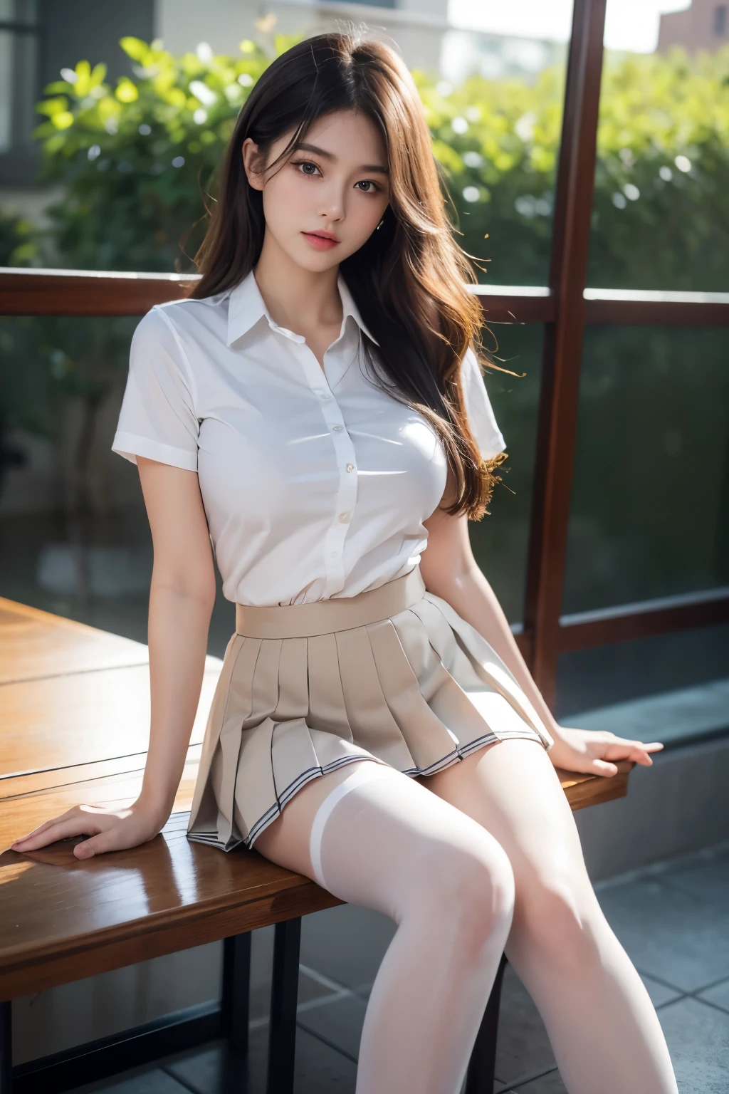 ultra realistic 8k cg, Picture-perfect face, Flawless, Clean, Masterpiece, Professional artwork, Famous artwork, Perfect face, Beautiful face, Beautiful eyes, ((Perfect female body)), Solo, (Immersive atmosphere, Chiaroscuro:1.5, Bright light:1.2, luminouslighting), showing a delicate slim figure and graceful curves, (Beautiful long legs:1.3), (Blush:0.5),Seductive expression, Extremely detailed_Eyes, Thick thighs, Large breasts,
beautifullydetailedbackground, Depth of field, Realistic:1.3, Long shot, 1girll, shirt, Pleated skirt, , Sitting, full bodyesbian,
(Ambient light:1.3), (Cinematic composition:1.3), (Neon lights:0.1), (hdr:0.1), emphasis lighting, White pantyhose,