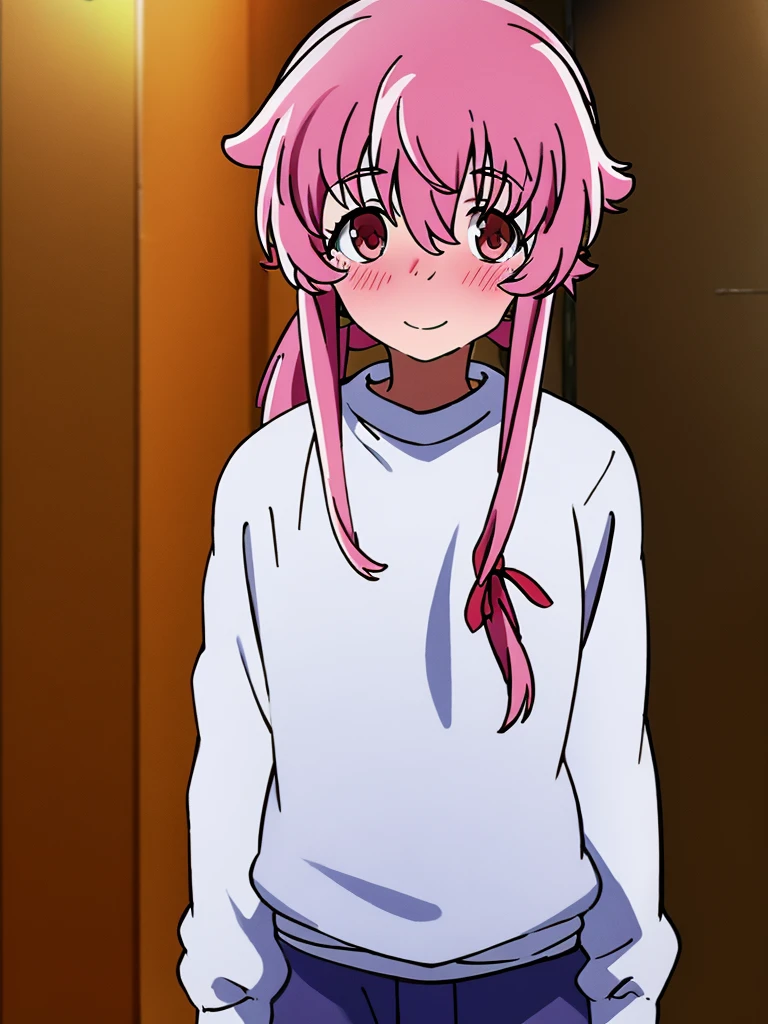 Yuno Gasai wearing a white comfy sweater, standing, casual, smiling softly, blushes, shy