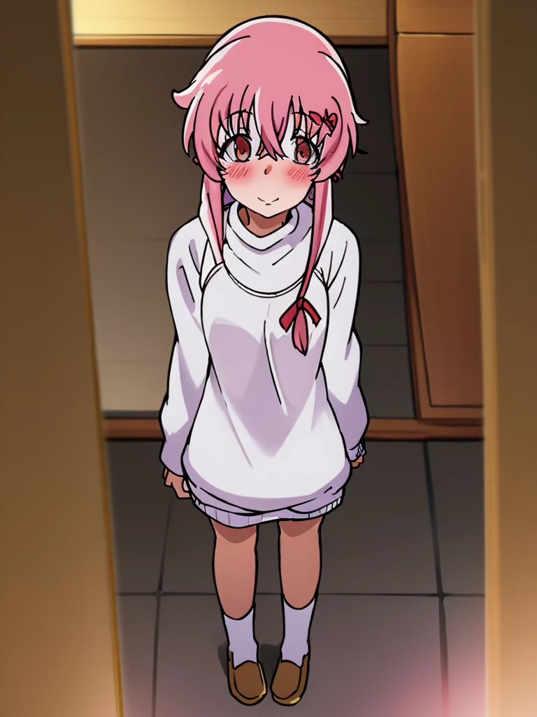 Yuno Gasai wearing a white comfy sweater, standing, casual, smiling softly, blushes, shy