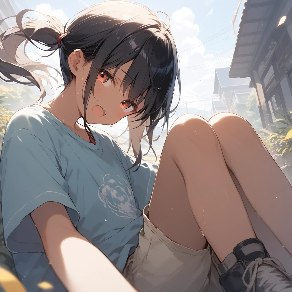 score_9, score_8_up, score_7_up, source_anime, best quality, masterpiece, official art, absurdres, highres, ultra-detailed,waifu2x,Collection: Slice of Life,break,1girl, tomboy, dark-skinned female, short hair, low ponytail, flat chest, beautiful detailed eyes, short shorts, sweat, open mouth, (yawn:0.3), sleepily, outdoors, wind, break,(clear line illustration:1.2),very high resolution, very aesthetic, super detailed skin, Best sexual lighting powered by famous artist, 8k,cute picture,beauty illustration,photoshop_(medium),,(Detailed Lighting),best anime 8k konachan wallpaper, pixiv contest winner,