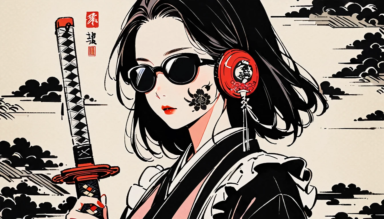 Ink Painting, (((1 girl))), (((Tattoo on face))), (((sunglasses))), Japanese style headphones, Japanese sword, beautiful girl, Black Hair, Delicate and precise, Modern ukiyo-e style, Maid