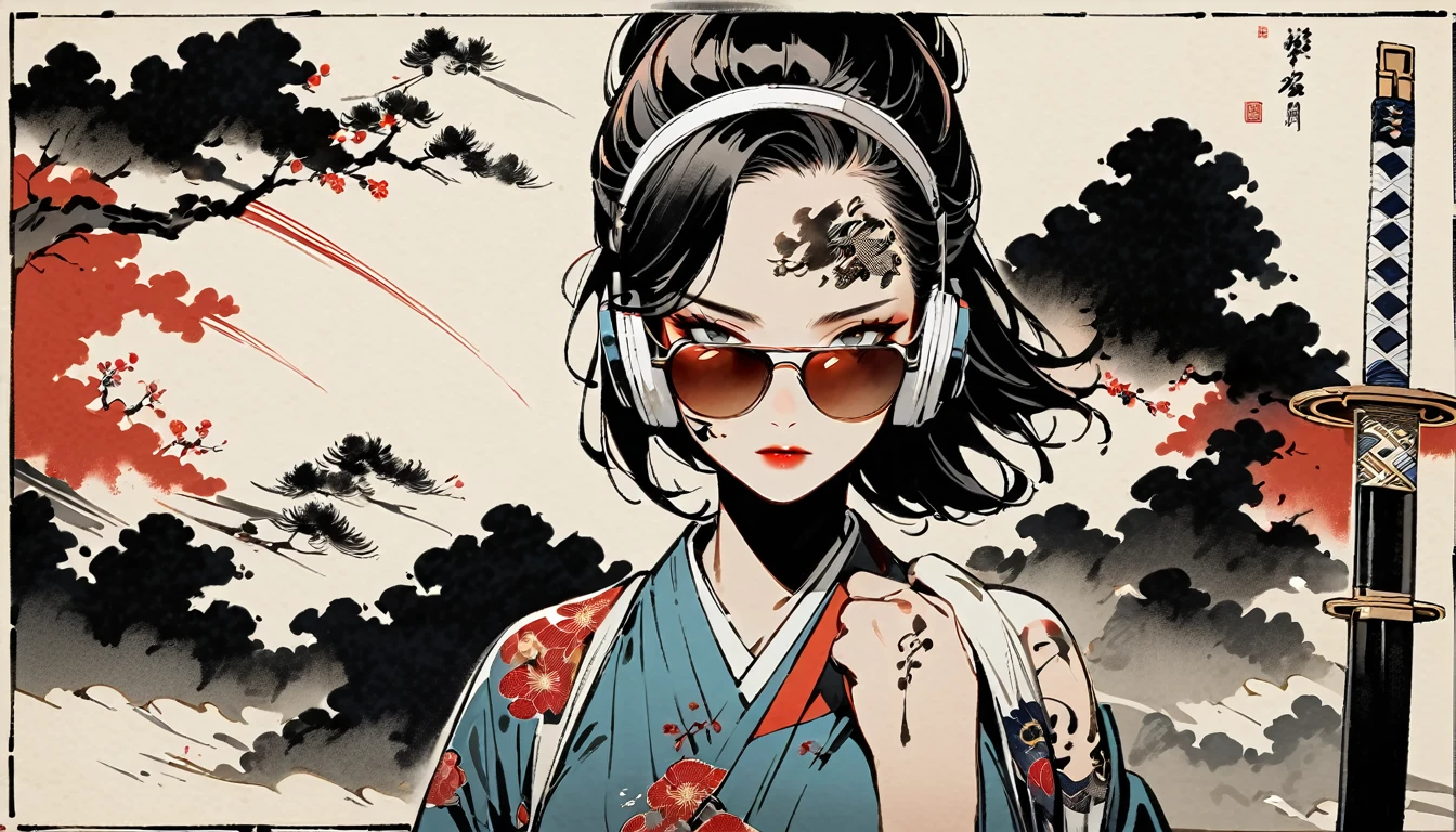 Ink Painting, (((1 girl))), (((Tattoo on face))), (((sunglasses))), Japanese style headphones, Japanese sword, beautiful girl, Black Hair, Delicate and precise, Modern ukiyo-e style, Maid