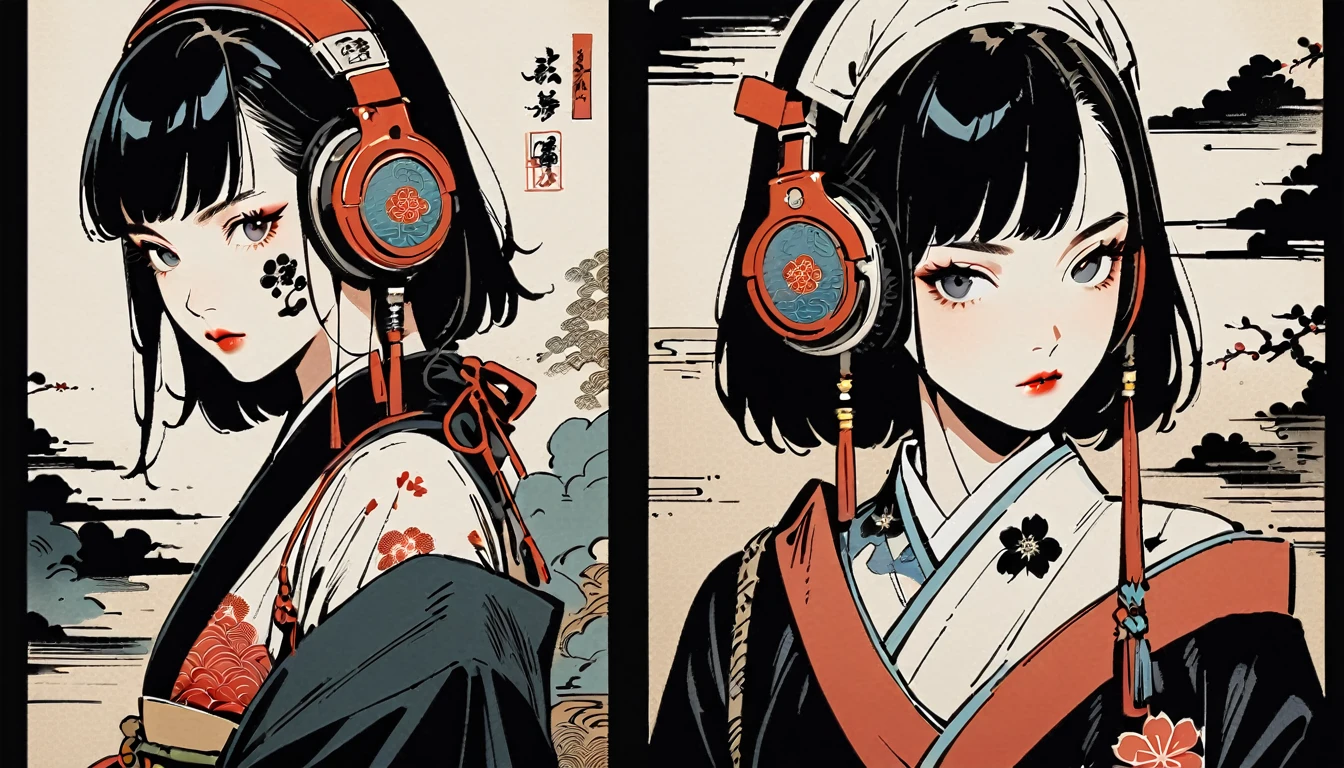 Ink Painting, (((1 girl))), (((Tattoo on face))), (((sunglasses))), Japanese style headphones, Japanese sword, beautiful girl, Black Hair, Delicate and precise, Modern ukiyo-e style, Maid