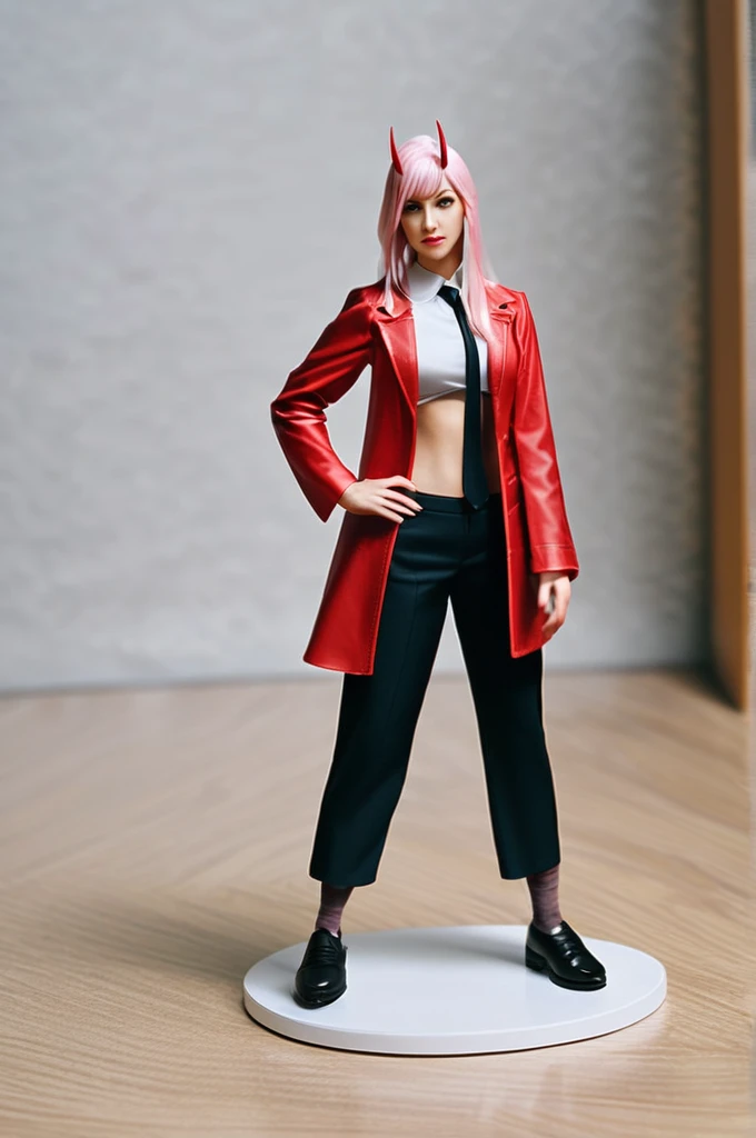 ((Лучшее качество)), ((шедевр)), (подробный), 1girl, beach, black necktie, black pants, blurry, blurry background, breasts, depth of field, hand on hip, horns, lips, long hair, looking at viewer, medium breasts, navel, necktie, no bra, open clothes, open shirt, pants, photo \(medium\), pink hair, power \(chainsaw man\), realistic, red horns, shirt, shoes, solo, zero two \(darling in the franxx\)