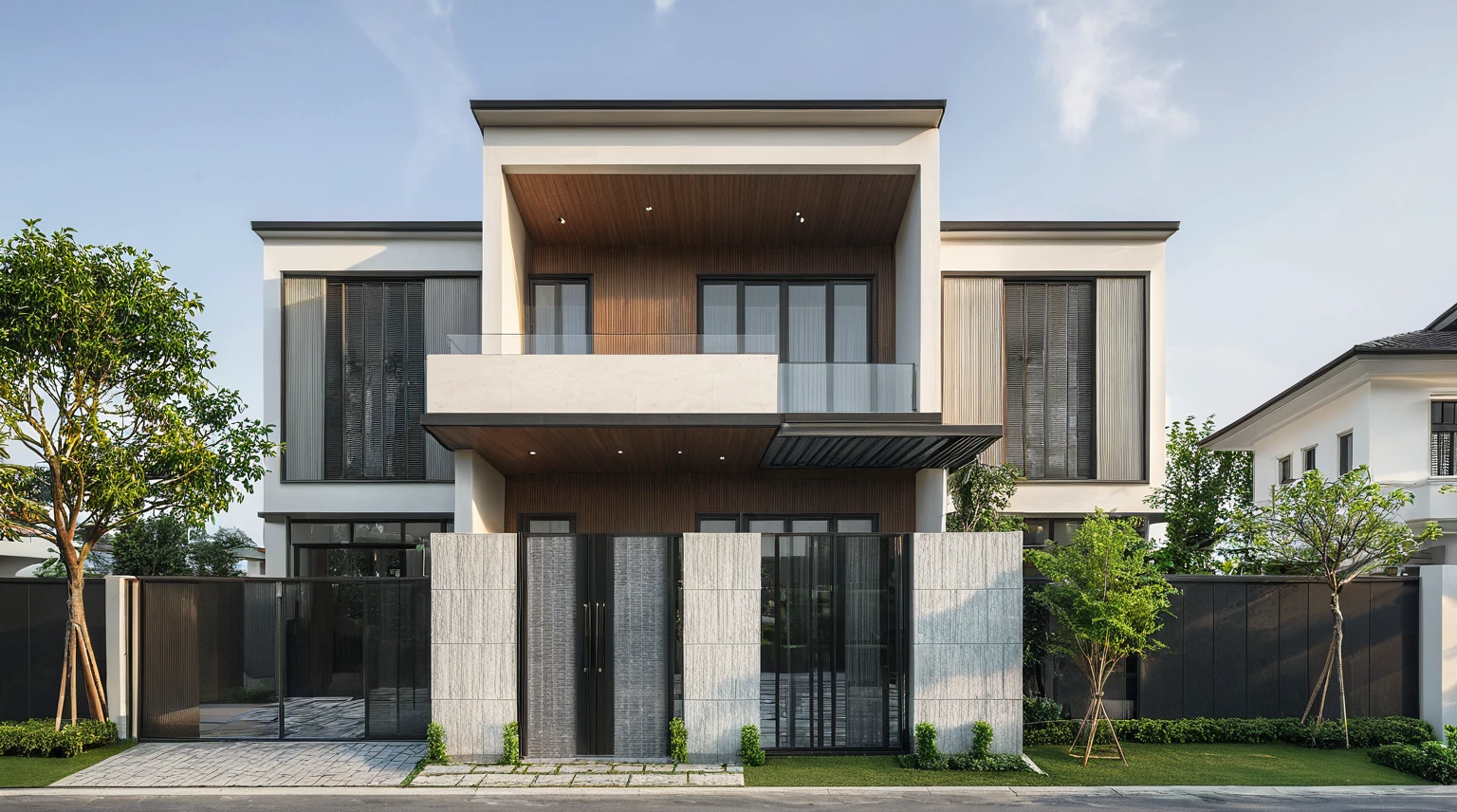 a rendering of a two story house with a balcony and a balcony, frontview, complete house, overall architectural design, architectural concept, front-view, exterior design, residential design, concept house, front view, one house, conceptual, front perspective, front elevation view, modern villa on street, (overcast lighting:1.2), tropical tree, vivid color, streetcapes, nice sky, grey and wwhite tone, (large glass door:1.2), warm interior lighting, modern material, best quality, ultra realistic, masterpiece, 17ArchiAI_XL_VL-v1