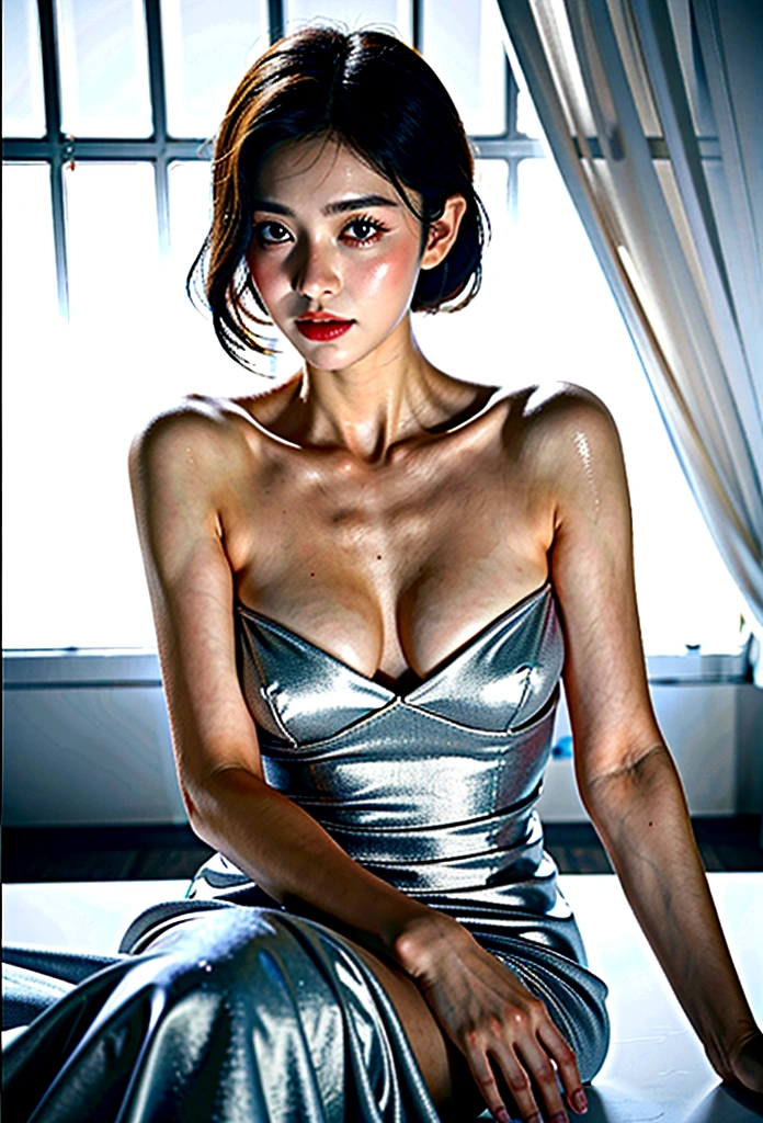 araffe woman in a silver dress posing for a picture, soft silk dress, silk dress, beautiful silky dress, wearing an elegant dress, translucent silky dress, elegant dress, beautiful soft silky dress, wearing long gown, satin, flowing dress, eora, jia, heonhwa choe, long dress, wearing silver dress, woman in dress, full length view, and charming woman, 7 0 mm portrait, 50mm portrait, high quality portrait photoshoot, photoshoot portrait, medium portrait soft light, film noirle, posing in studio lighting, with thick male eyebrows, (with mysterious and sexy facshort dark hair, white background image, elegant, ( high quality and realistic image), ((Best Quality, 8k, Masterpiece)