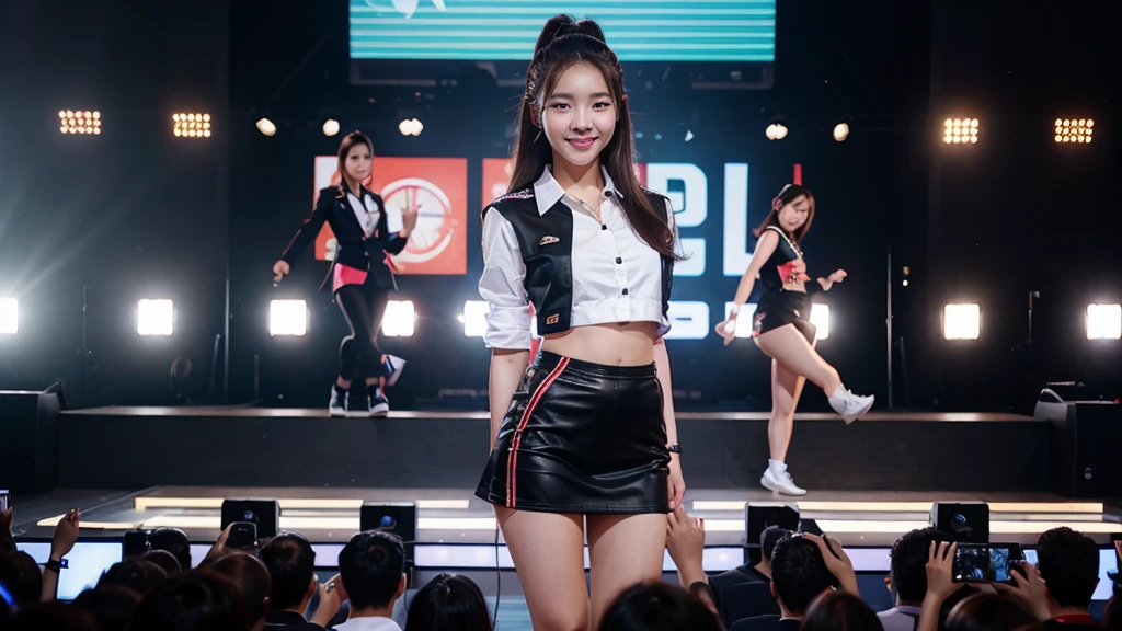 woman wear K-pop , look smart ,Asia, smile, Technology, Consert background, full body, zoom out