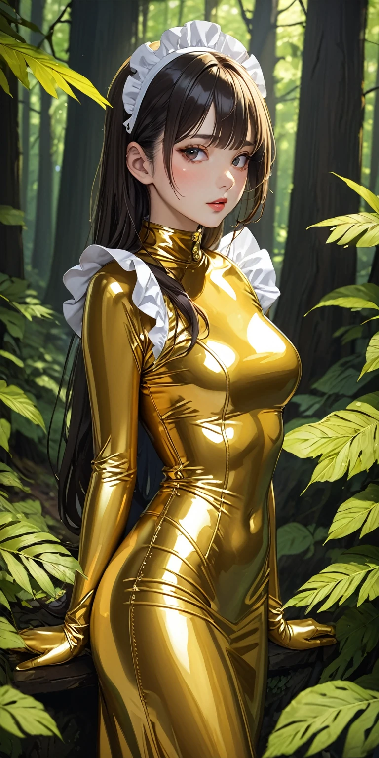 Portraiture、(masterpiece,Highest quality,Ultra-high resolution),Japanese women, (((Very beautiful 25 year old girl))),(Golden latex maid dress)、(((Golden latex long skirt)))、(A long-sleeved gold latex shirt covering the upper body)、Golden latex long gloves、Golden latex socks、(Golden latex bodysuit)、The clothes fit snugly to the body、Golden latex is very shiny、Standing in a dark forest、