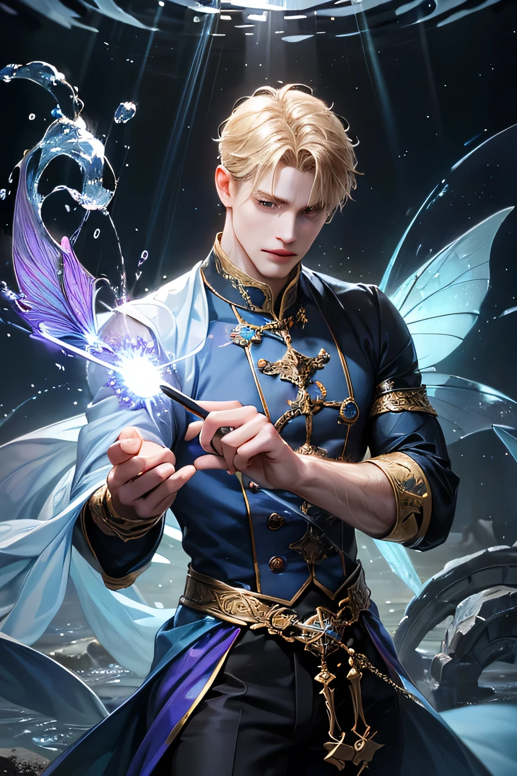 "Create an ultra-realistic image of a handsome, male fairy, around 43 years old. He should be holding a magical staff that emanates the energy of the water. Dress him in an elegant, varied violet outfit that reflects the brilliance and dynamism of the water. Surround him with elements like swirling clouds and flashes of lightning to showcase his connection to these elements. Include a distinct water symbol or design on his body, signifying his role as the keeper of the deep water, and highlighting the powerful celestial energy he embodies within him."
