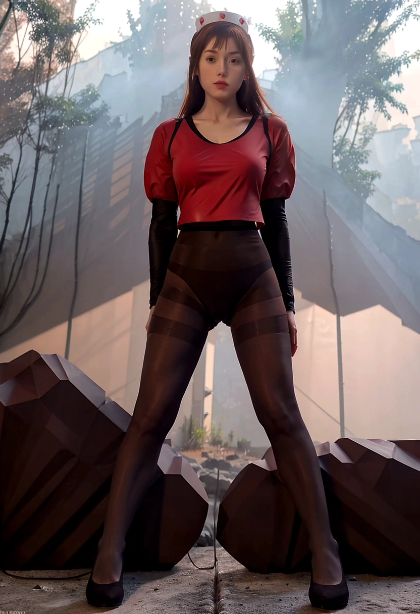 (Full body:1.5),(1girl in:1.3),(view the viewer:1.4),(anatomy correct:1.4),(Sitting at the top of a mountain:1.2),(Wearing a nurse set:1.2),(Opaque pantyhose:1.3),(Accurate and perfect face:1.3),(Long legs:1.3),hyper HD, Ray traching, reflective light, Structurally correct, awardwinning, high detailing, Lighten the shade contrast, Face lighting ,Cinematic lighting, masutepiece, super detailing, High quality, high detailing, Best Quality, High contrast,a scene from a movie、the woods, latex lingerie,, red wedge strapped high heels