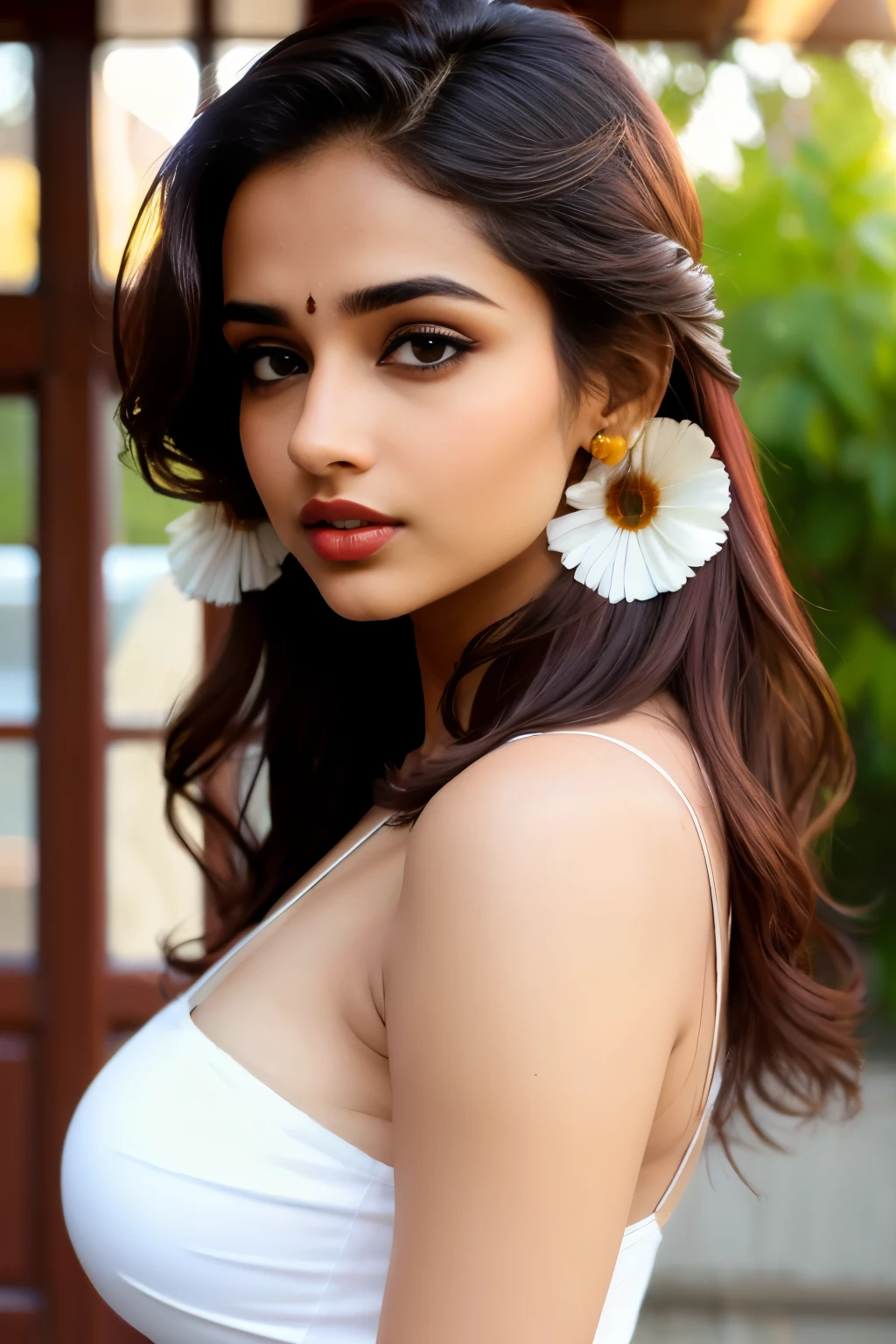 ((beautiful)+(attractive:0.9)+(sensual:0.8)) white indian women ((nerd:0.8)+(lovely)+(clean skin)) with hazel eyes and red lips. Medium brown hair, ((intense eyes))