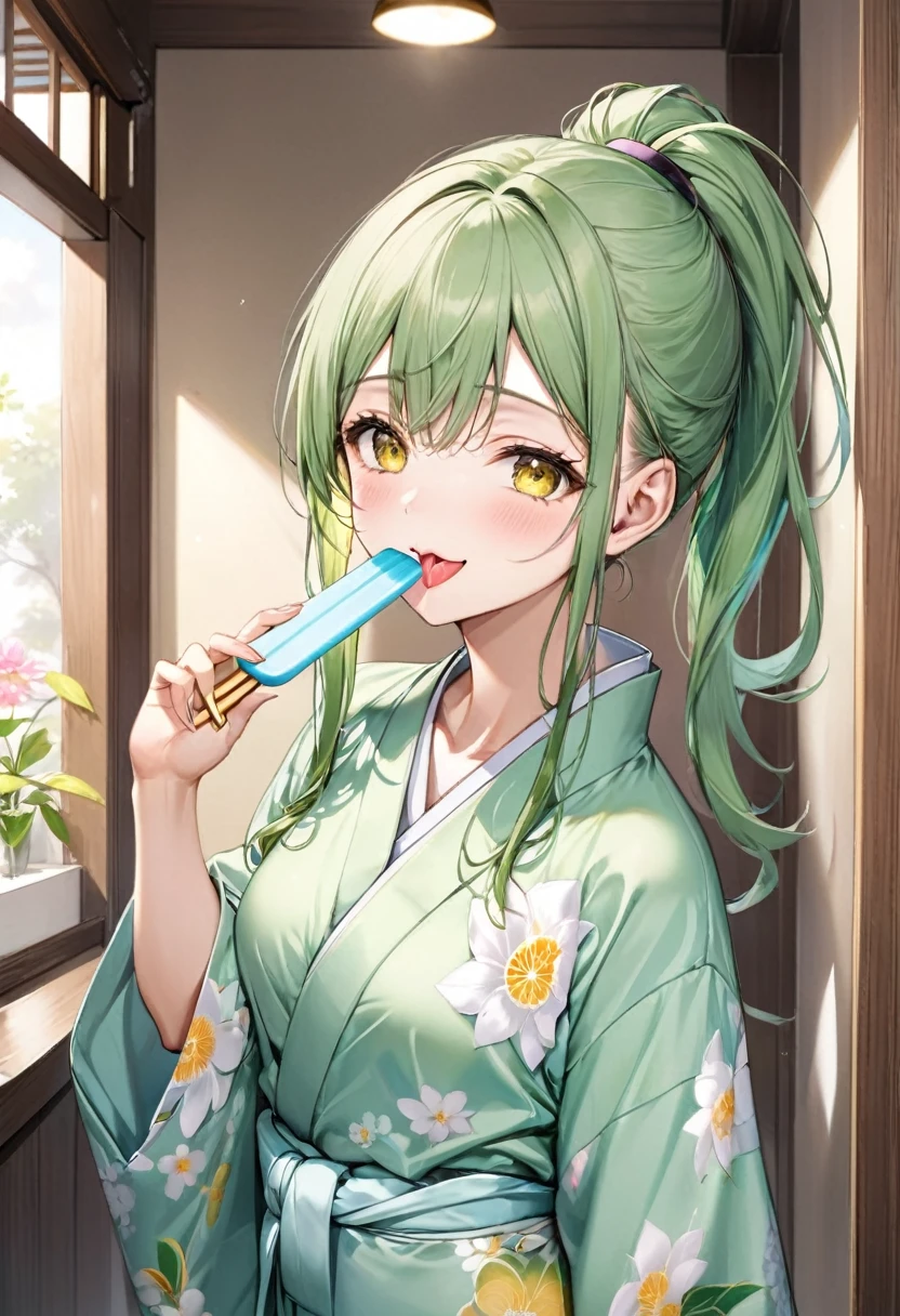 (Stretching out sexy tongue, Naughty Lick:1.4 a popsicle) (solo:2, 15 yo ponytail green long hair cute girl, cute yellow eyes, ecstasy smile, medium tits), (in a cute yukata), break, (in the Rest room at inn), BREAK, perfect anatomy, masterpiece, best quality, 16k, beautiful detailed hot, daydreaming expression.