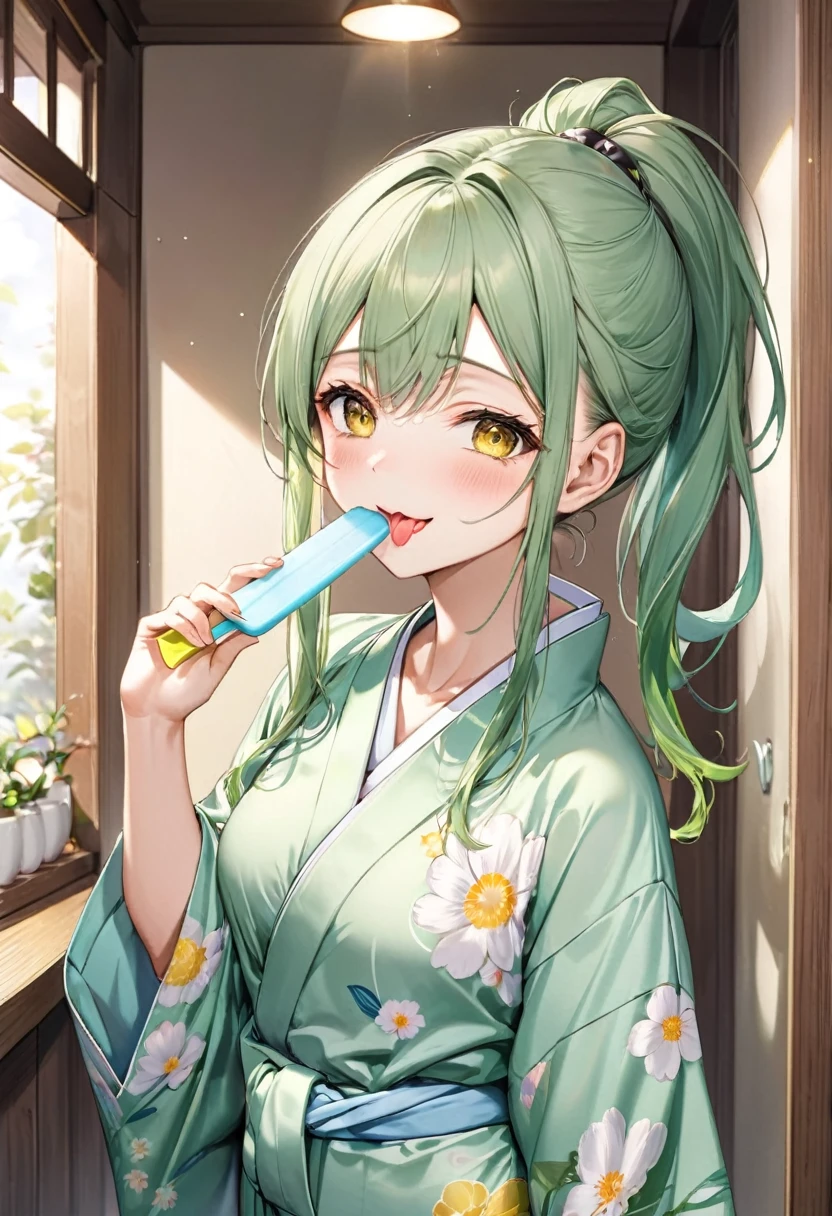 (Stretching out sexy tongue, Naughty Lick:1.4 a popsicle) (solo:2, 15 yo ponytail green long hair cute girl, cute yellow eyes, ecstasy smile, medium tits), (in a cute yukata), break, (in the Rest room at inn), BREAK, perfect anatomy, masterpiece, best quality, 16k, beautiful detailed hot, daydreaming expression.